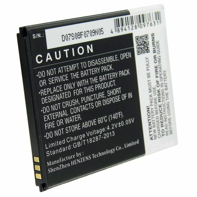 Lithium-Ionen-Handy-Batterie mit Warnkennzeichnung und QR-Code, zeigt Sicherheitswarnungen, Modell-/Seriennummern und Herstellerinformationen.