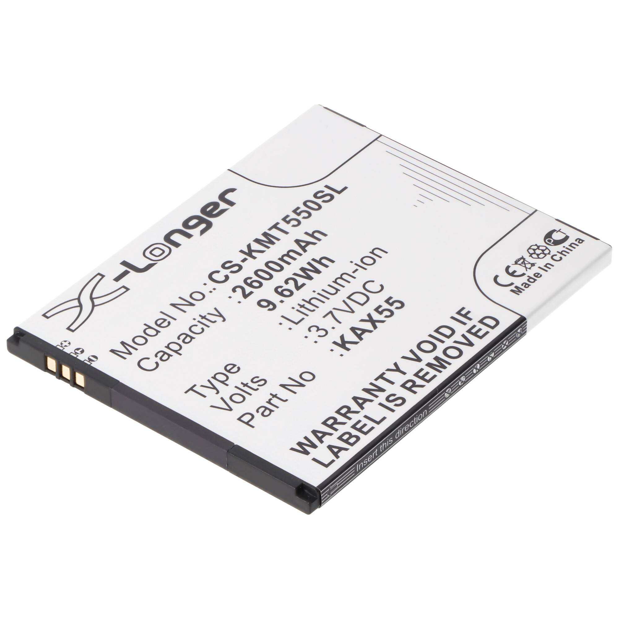 Weiße Lithium-Ionen-Smartphone-Batterie mit Bezeichnung X-Longer, Modell CS-KMT550SL, 2600mAh, 9,62Wh, 3,7V
