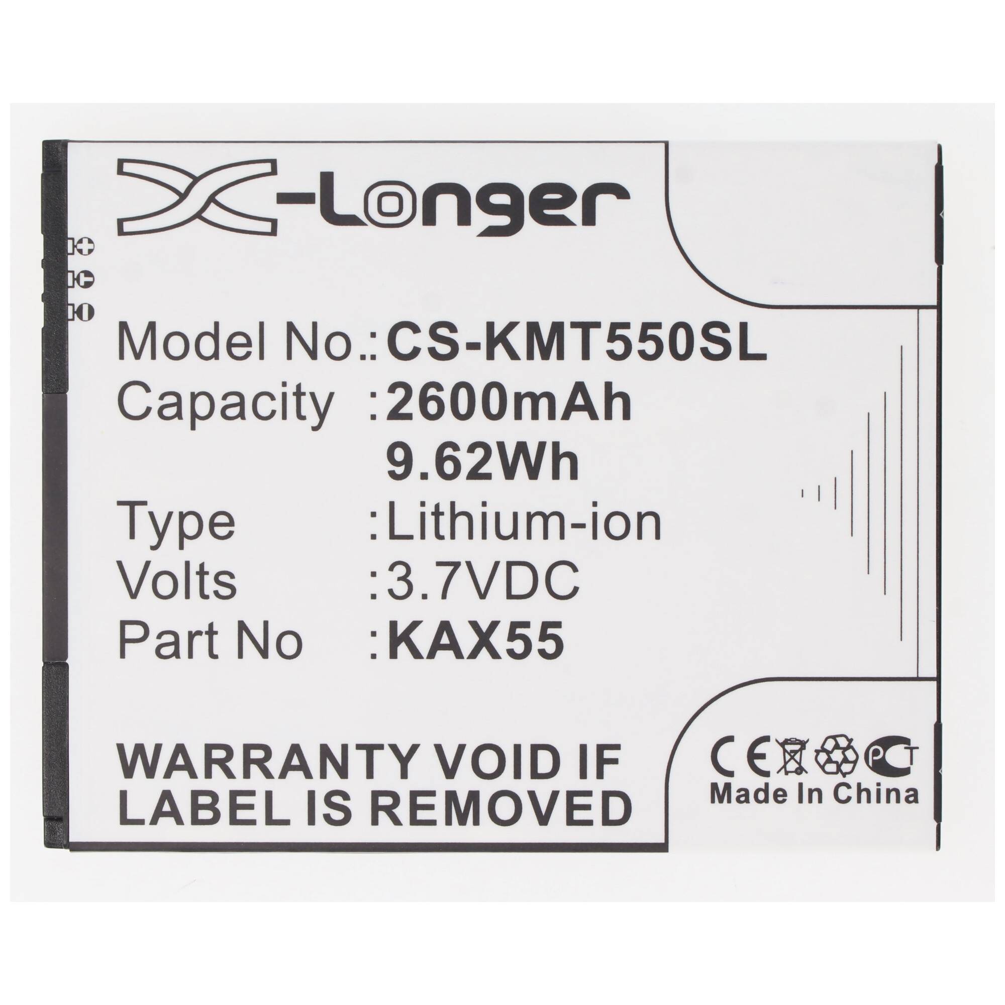 X-Longer Lithium-Ionen-Batterie-Etikett mit Modell CS-KMT550SL, 2600mAh, 9,62Wh, 3,7V DC, Teil KAX55, mit Garantiewarnung.