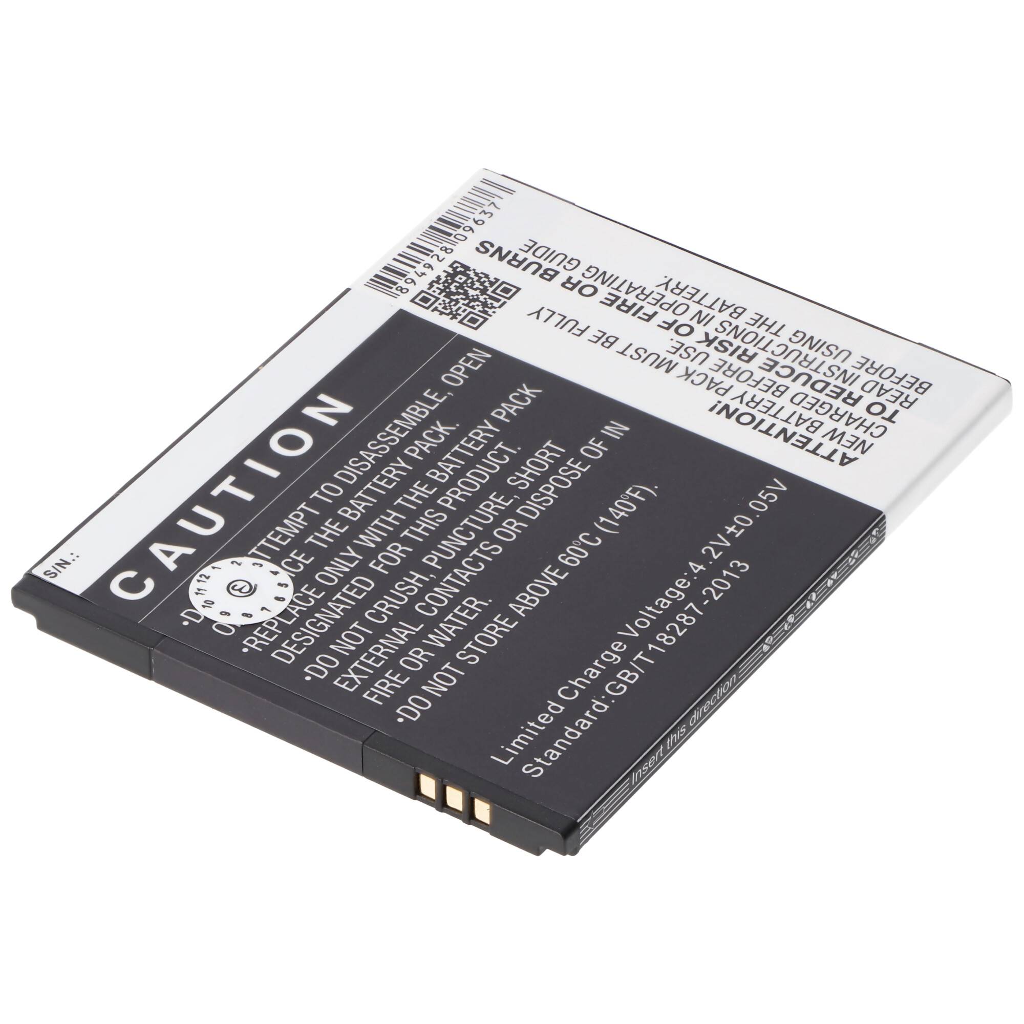 Wiederaufladbare Lithium-Ionen-Handyakku mit Warnetikett und Warntext.