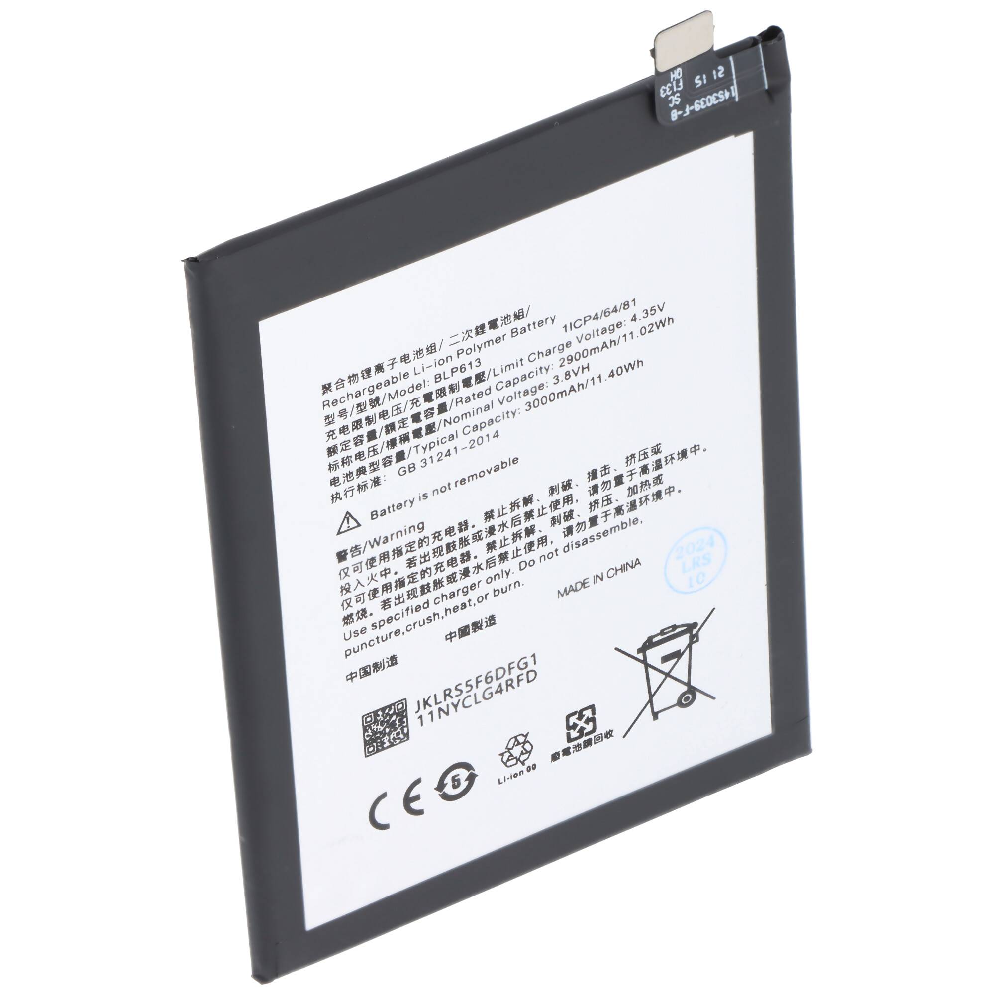 Lithium-Ionen-Batterie-Pack in schwarzem rechteckigem Gehäuse mit gedruckten Spezifikationen und Sicherheitswarnungen auf einem weißen Etikett.