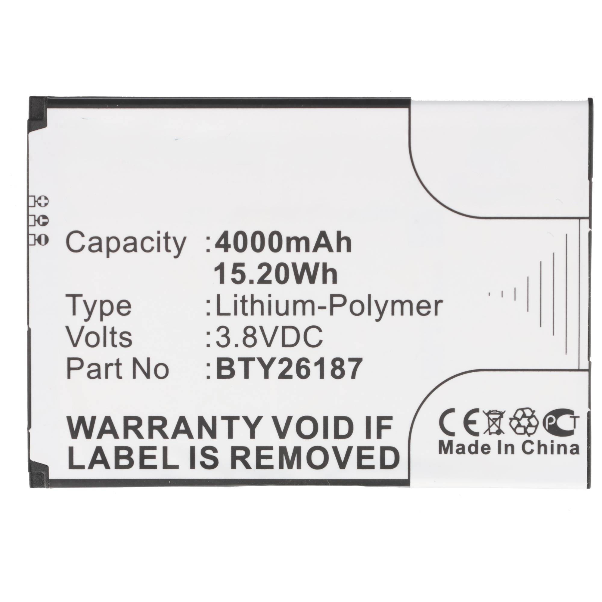 Etikett auf einem Lithium-Polymer-Akku mit Kapazität 4000mAh, 15.20Wh, 3.8VDC, Teilenummer BTY26187 und Warnung „GARANTIE ERLISCHT BEI ENTFERNUNG DES ETIKETTS".