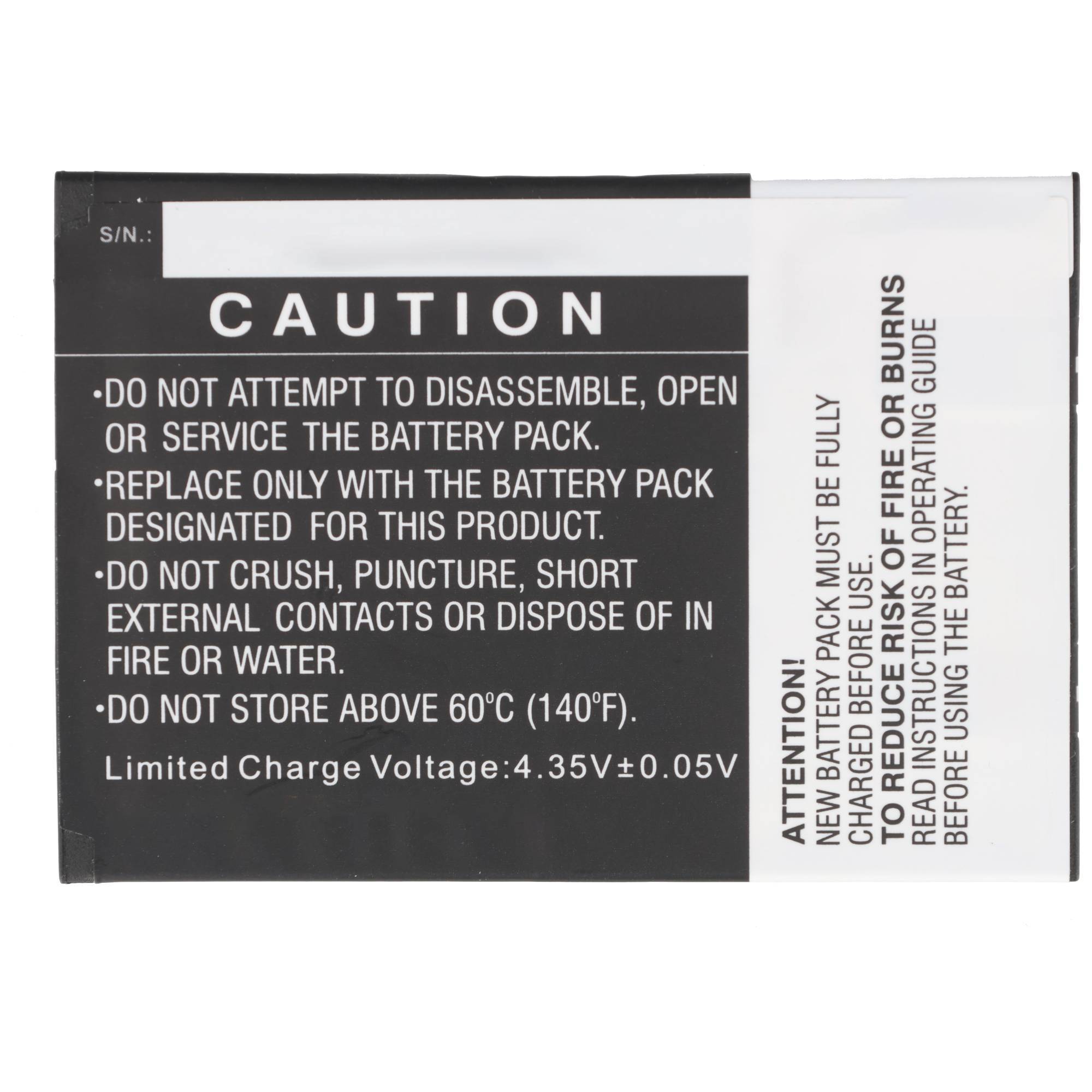 Warnschild für Batteriepack mit VORSICHT-Text: nicht auseinandernehmen, nur mit bestimmtem Pack austauschen, quetschen oder Feuer vermeiden, unter 60°C lagern.