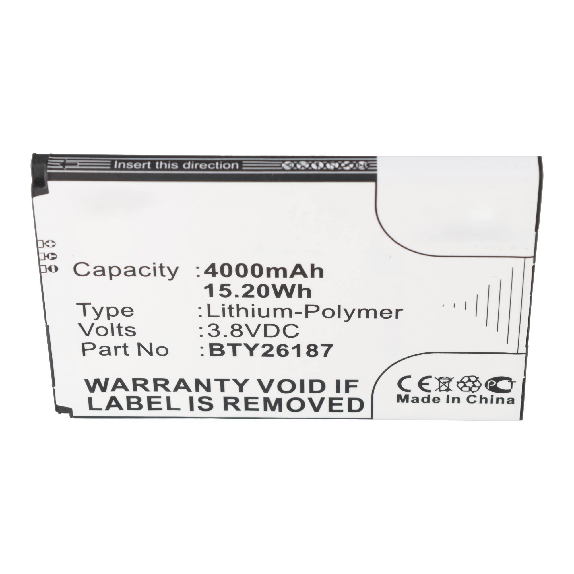 Lithium-Polymer-Akku-Etikett mit 4000mAh, 15,20Wh, 3,8VDC, Teilenummer BTY26187, mit "GARANTIE ERLISCHT BEI ENTFERNUNG DES ETIKETTS"" und ""Hergestellt in China"".