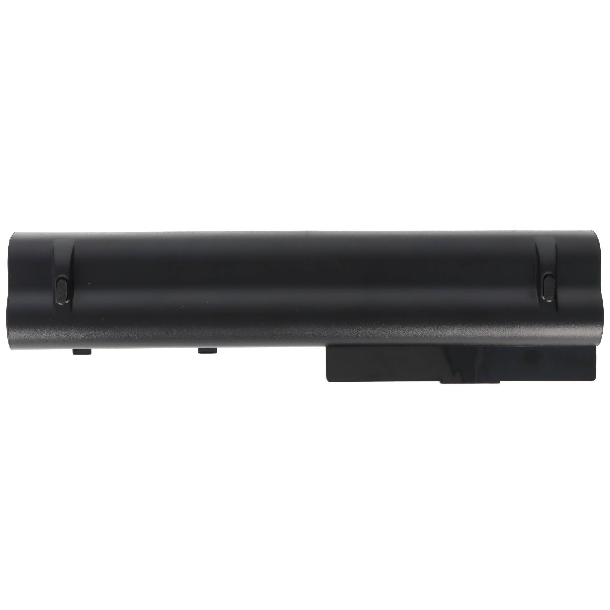 Schwarzes zylindrisches Batteriepack mit Montagelaschen und Steckergehäuse auf weißem Hintergrund.
