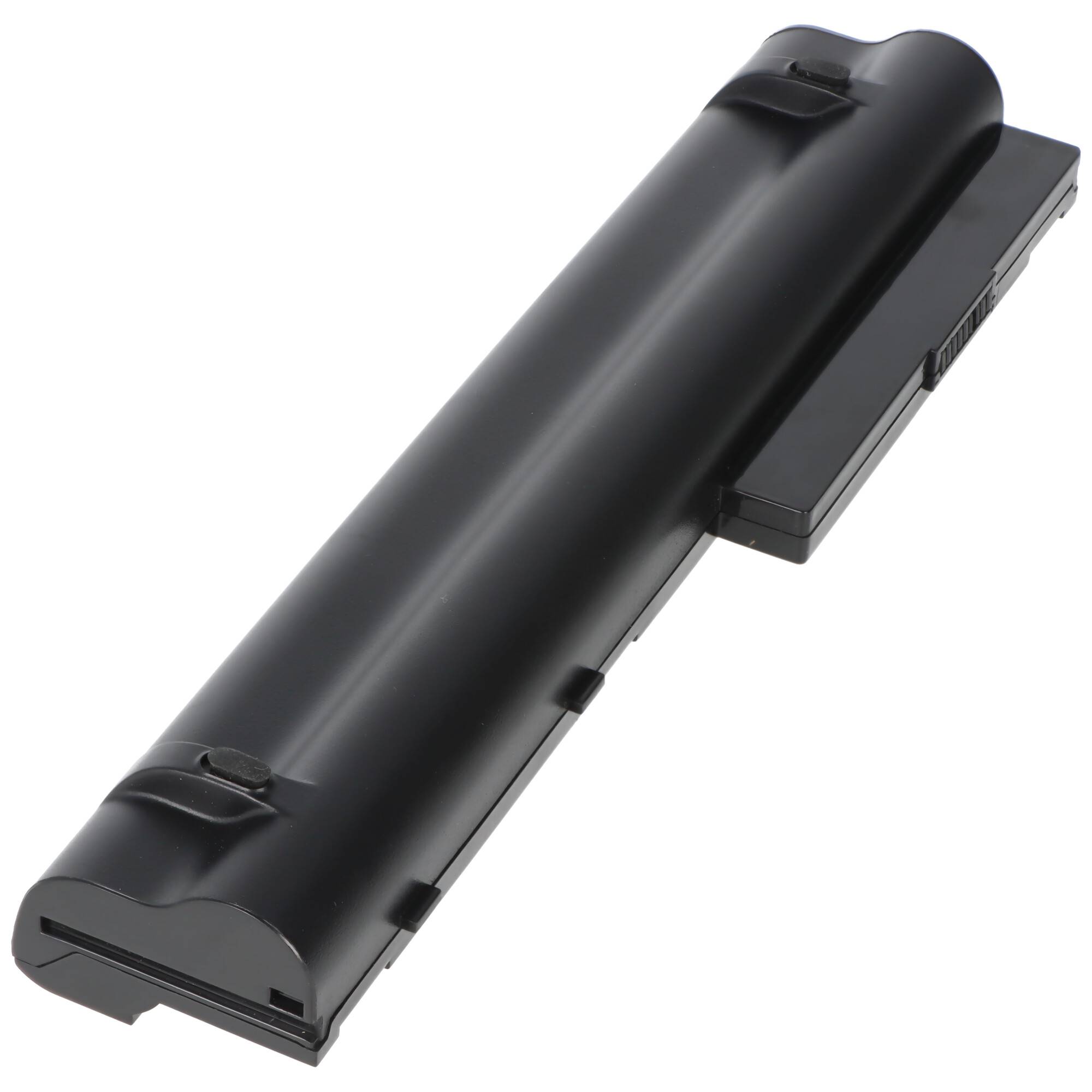 Schwarze Laptop-Batterie, isoliert auf weißem Hintergrund, diagonal angewinkelt dargestellt.