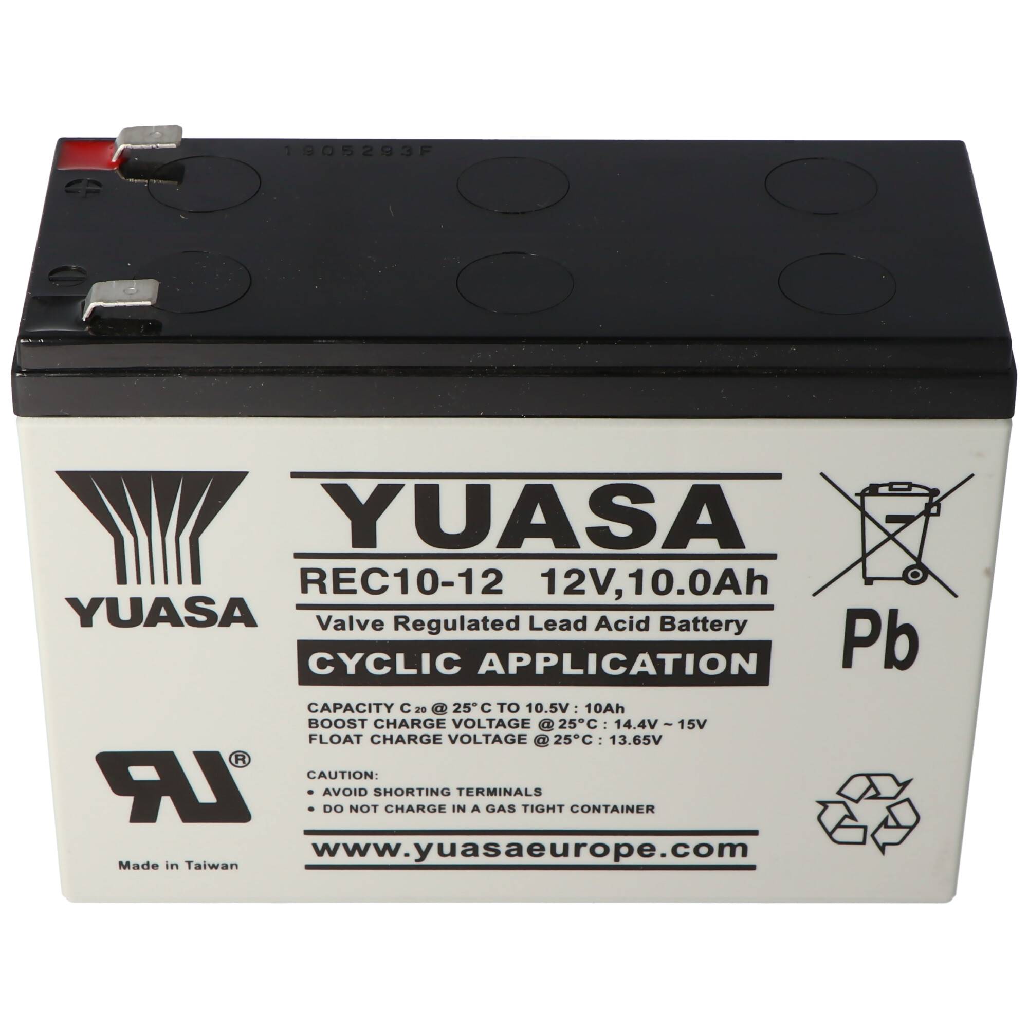 Yuasa Blei-Akku REC10-12 mit 12 Volt und 10Ah, 6,3mm Faston Steckkontakte