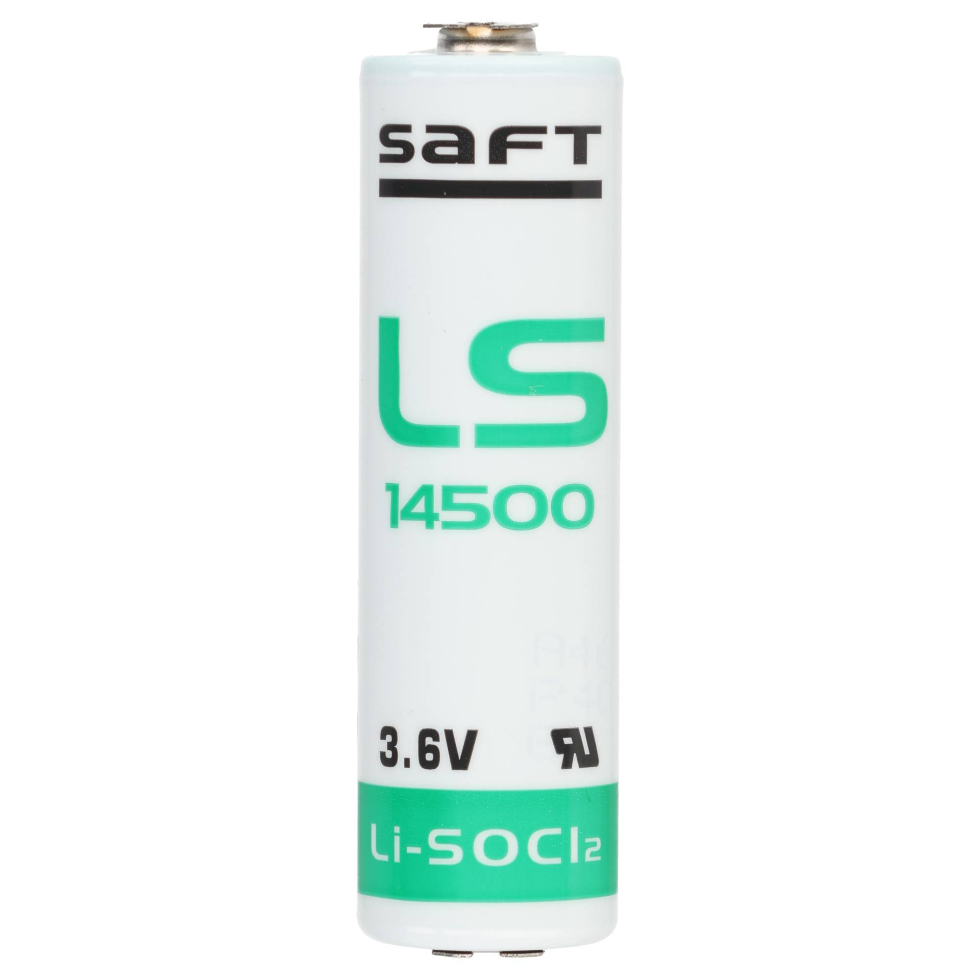 Weiße SAFT LS 14500 3,6V Li-SOCl2-Batteriezelle aufrecht auf einfachem Hintergrund dargestellt.
