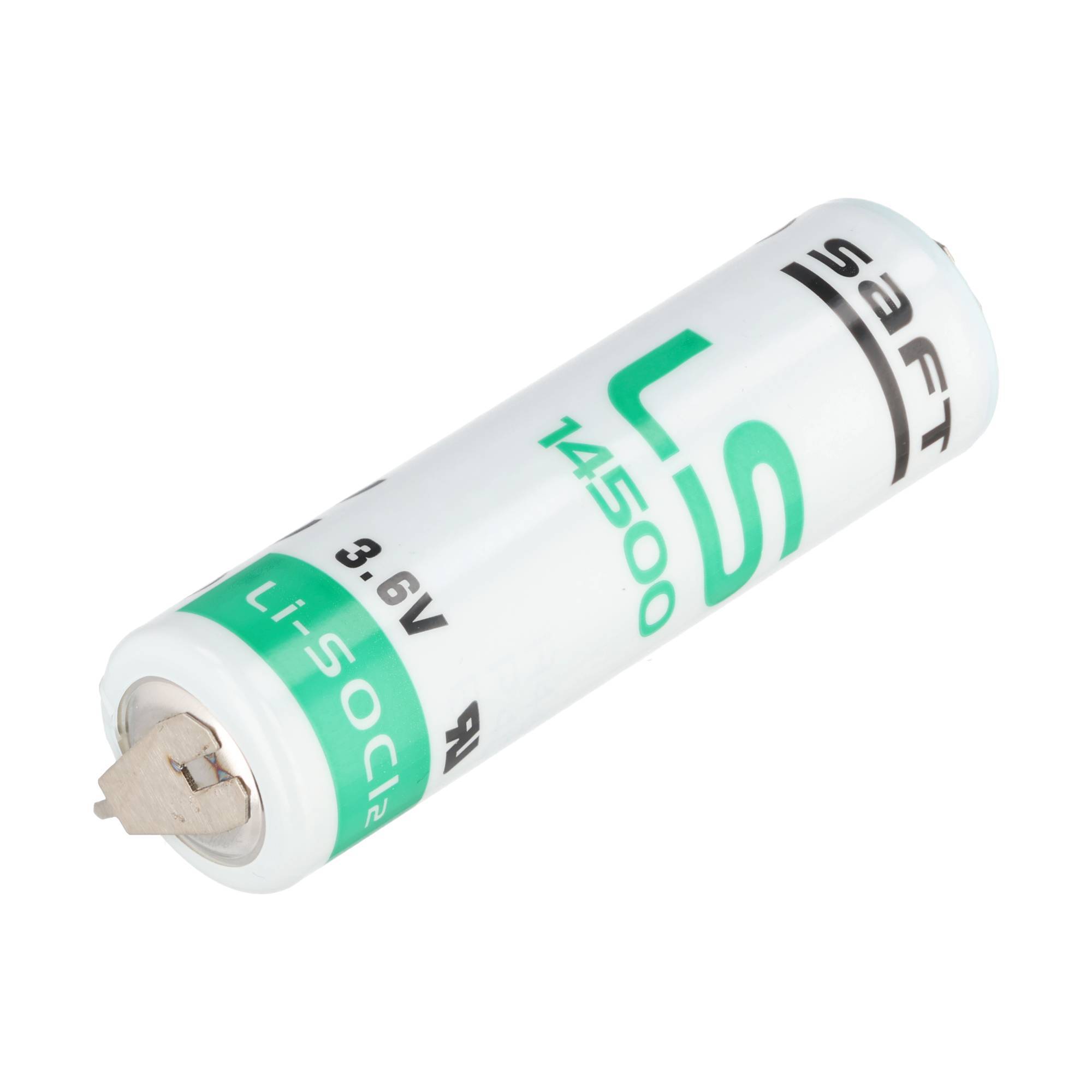 Einzelne LS 14500 3.6V Saft Lithium-Batterie auf weißem Hintergrund dargestellt.