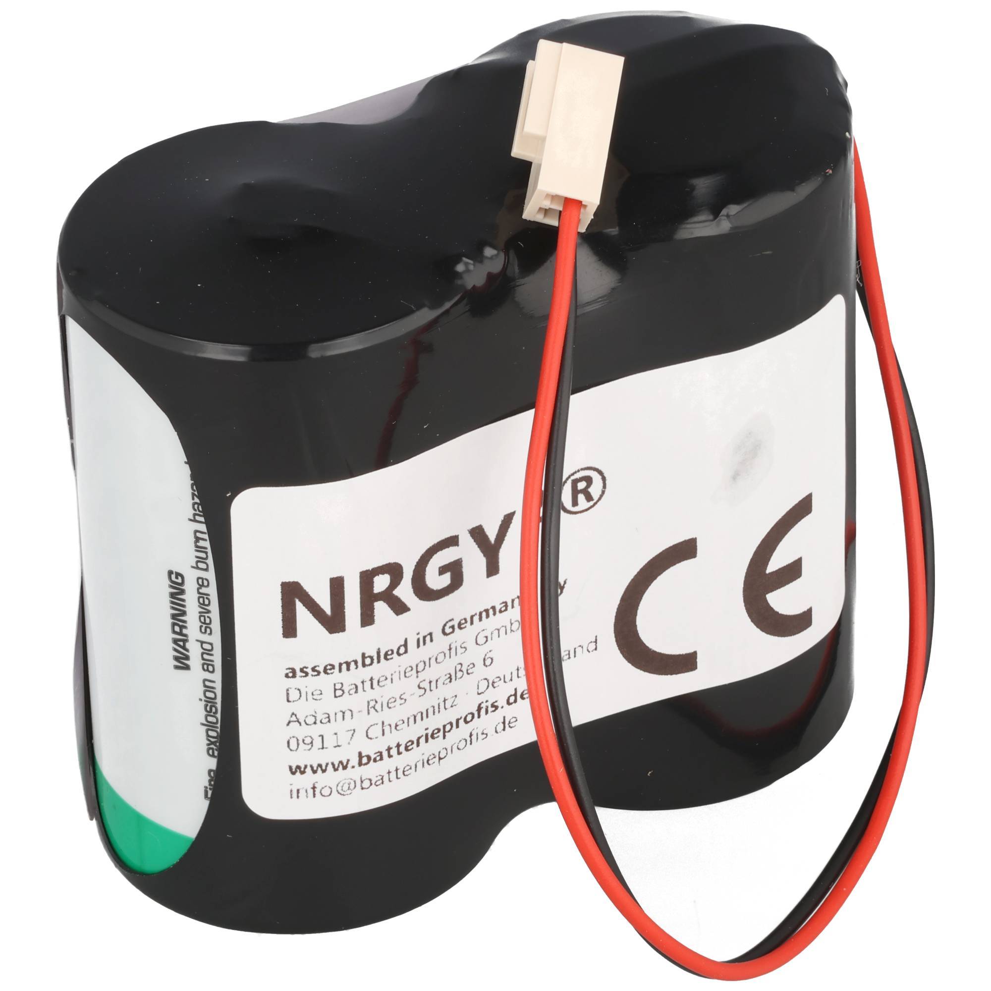 Wiederaufladbarer Batteriepack mit roten und schwarzen Drähten und einem weißen Anschluss, gekennzeichnet mit 