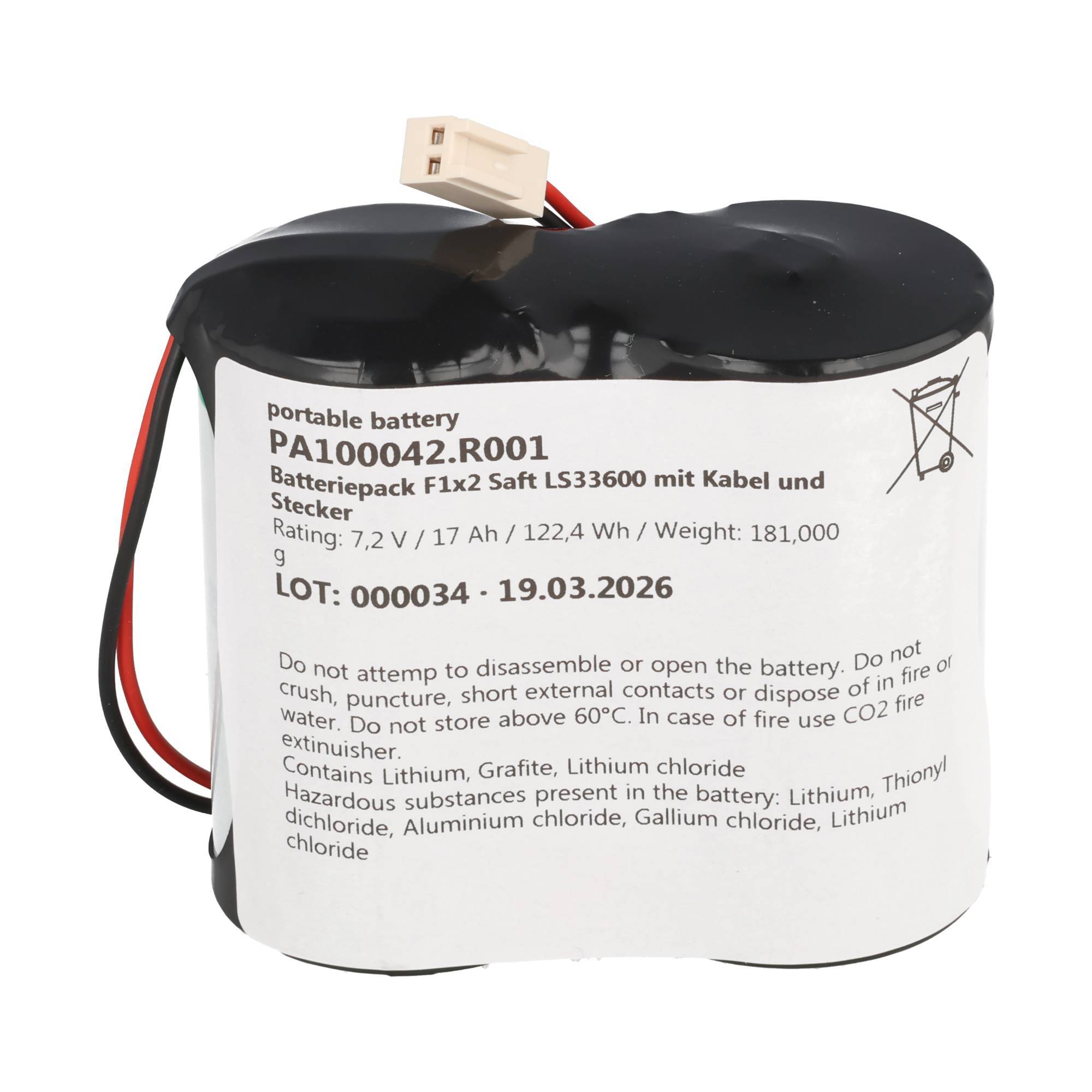Weiße zylindrische tragbare Batterie mit der Bezeichnung „PA100042.R001