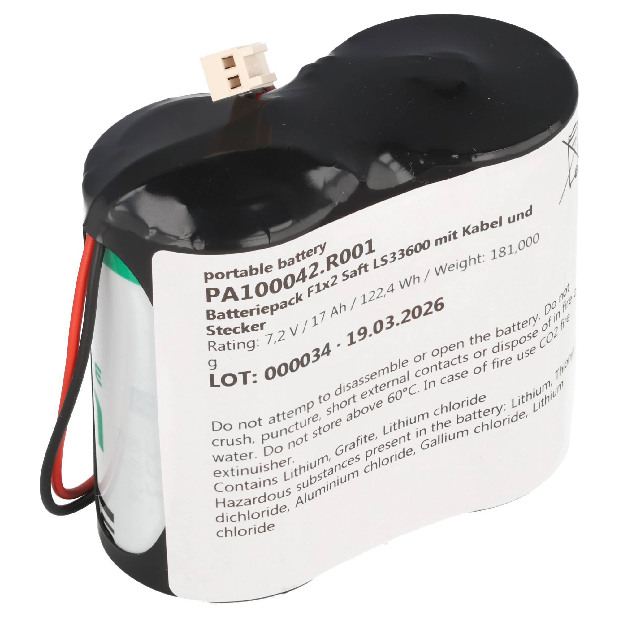 Tragbares Batteriepac mit Etikett, roten, schwarzen und grünen angebrachten Drähten und weißem Stecker, zeigt Modell PA100042.R001, 7,2V, 17Ah, 122,4Wh und Datum 19.03.2026.