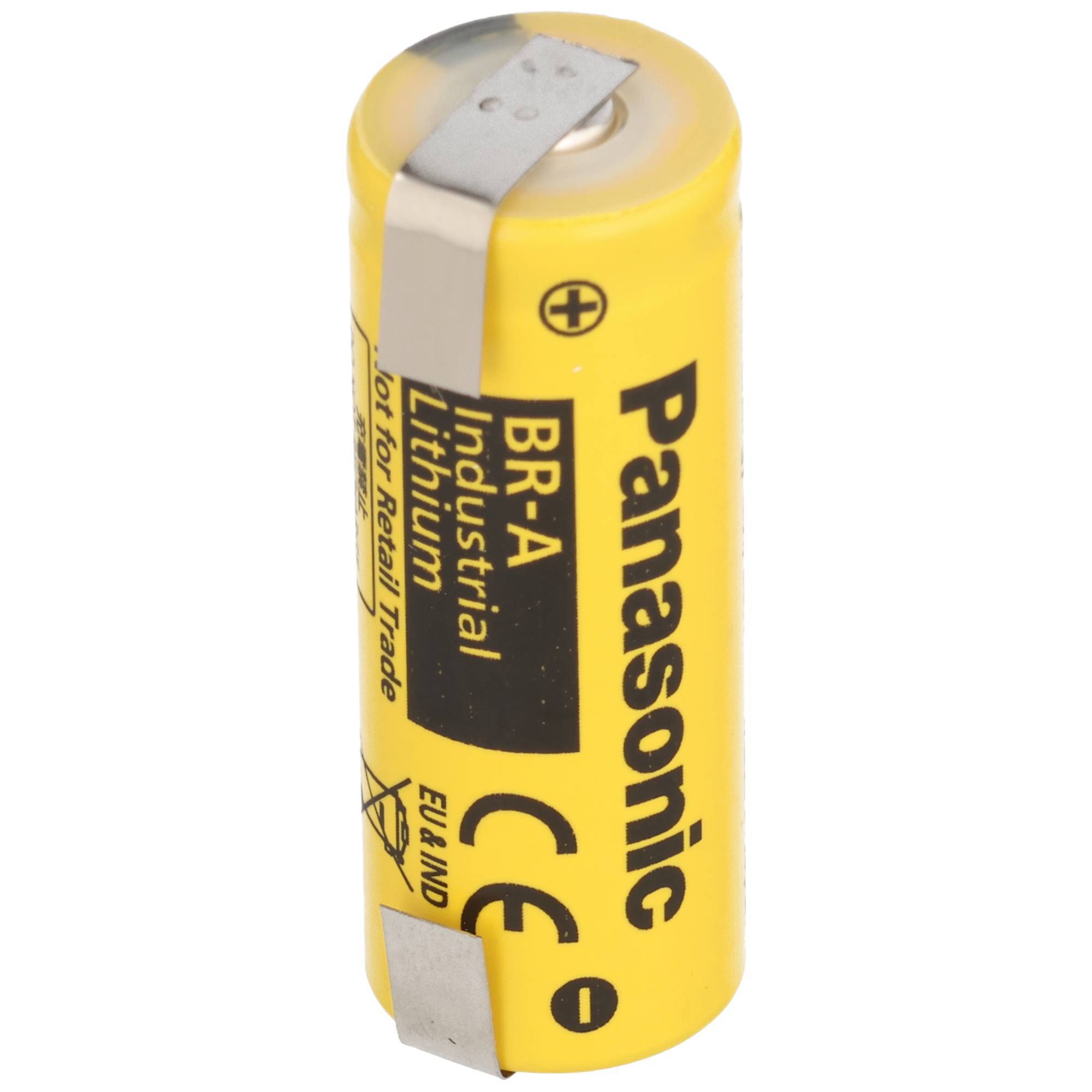 Gelbe Panasonic BR-A Industrie-Lithiumbatterie mit Metallklemmen, isoliert auf weißem Hintergrund dargestellt.