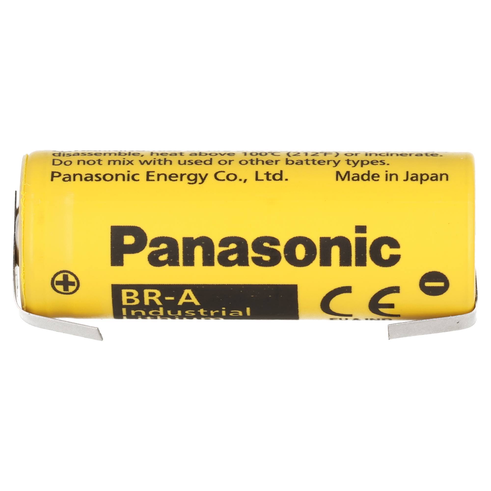 Gelbe Panasonic BR-A Industriebatterie mit Plus- und Minuspolen, beschriftet mit „Panasonic Energy Co., Ltd.
