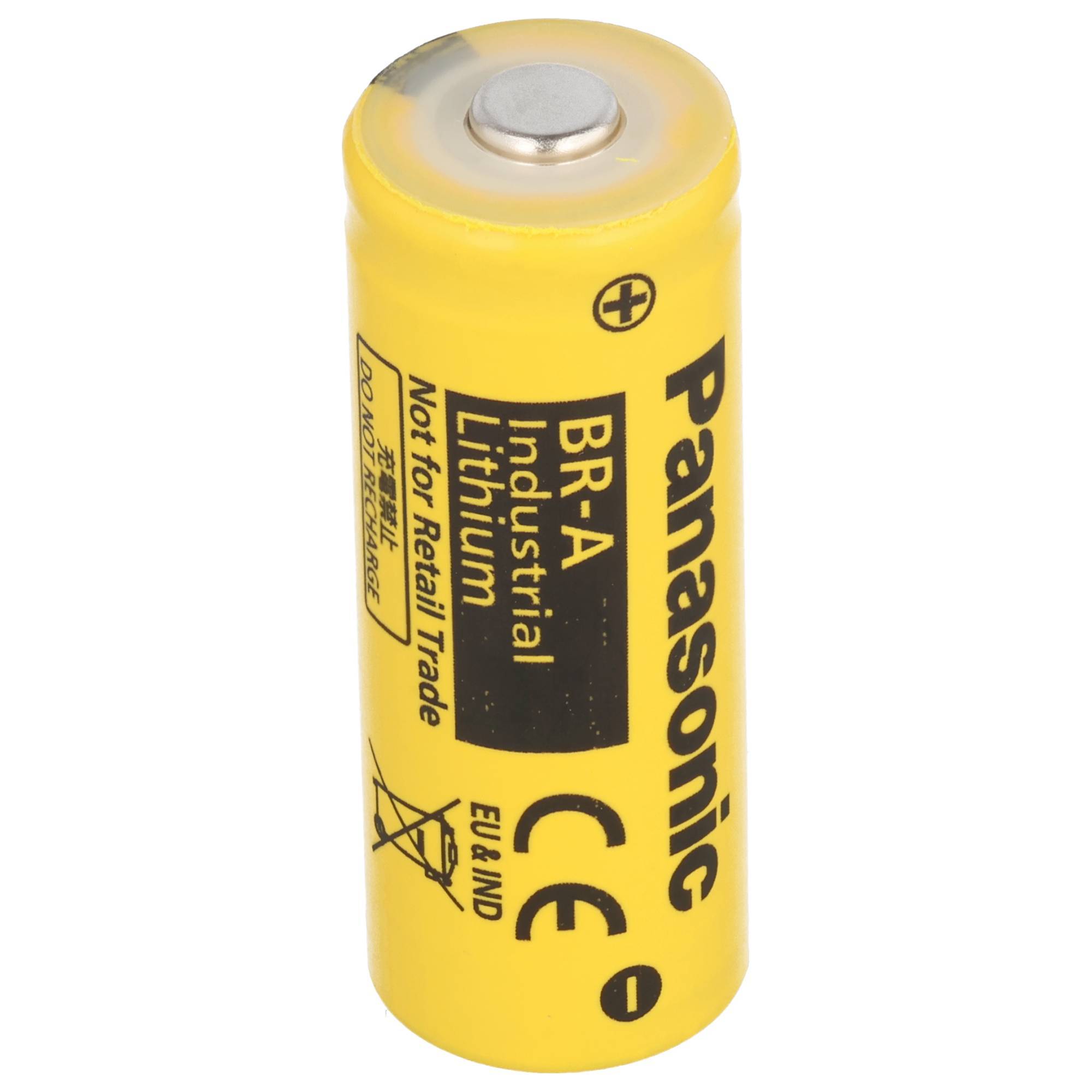 Gelbe Panasonic BR-A Industrie-Lithium-Batteriezelle auf weißem Hintergrund.