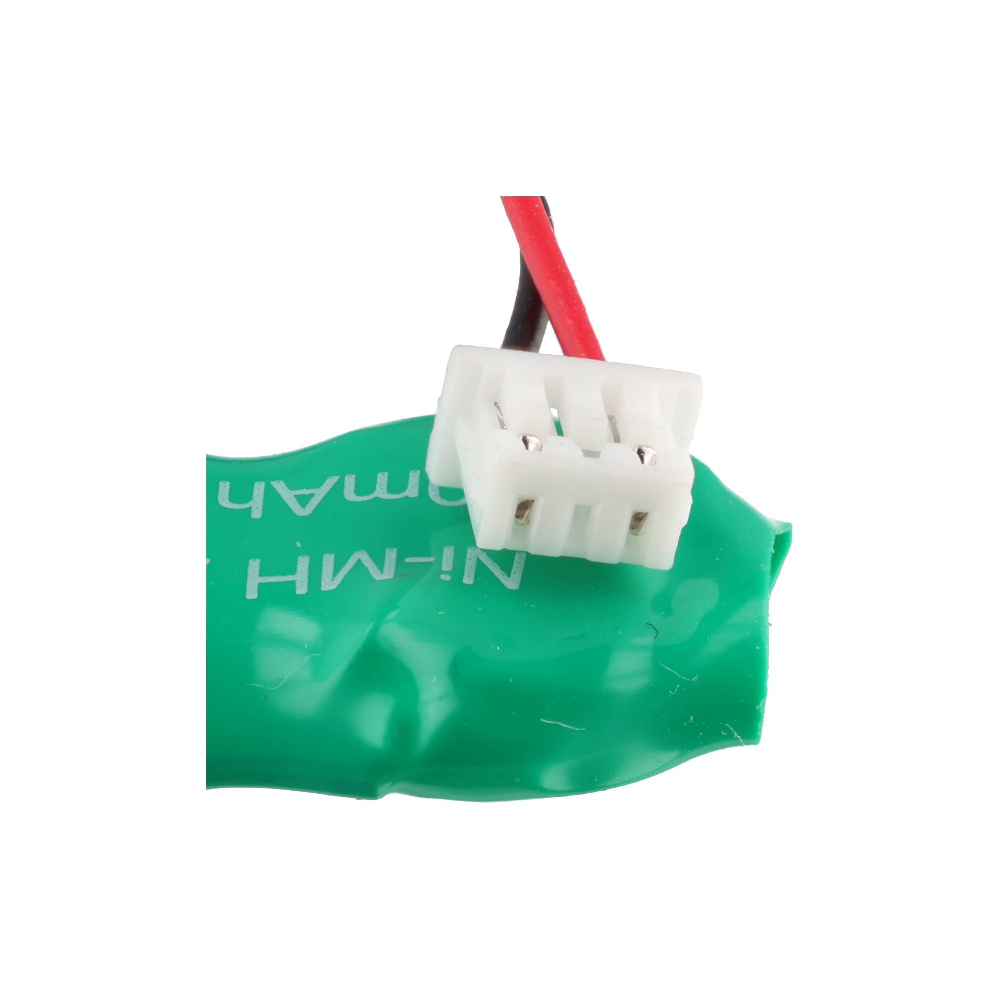 Weißer 2-polig-Stecker mit roten und schwarzen Drähten, die an einem grünen Akkupack oder umwickeltem Bauteil angebracht sind.