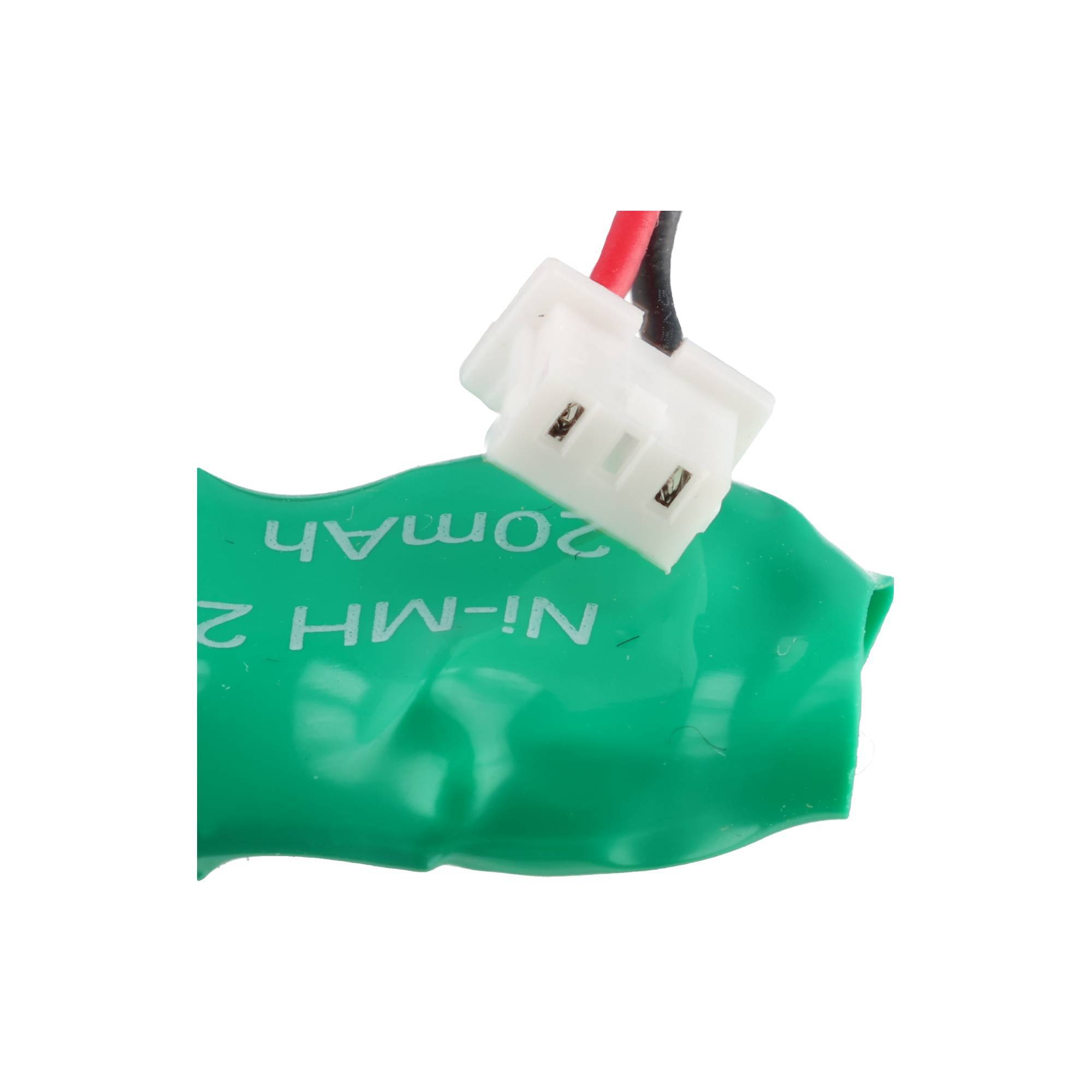 Grüner 20-mAh-Akku mit weißem Zweileiter-Stecker auf neutralem Hintergrund.
