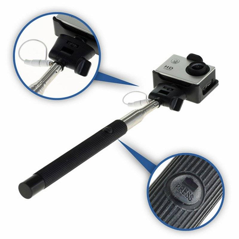 Selfie Maker mit Klemmhalter, Teleskop ausziehbar mit Auslösekopf für Smartphone und Action-Cam