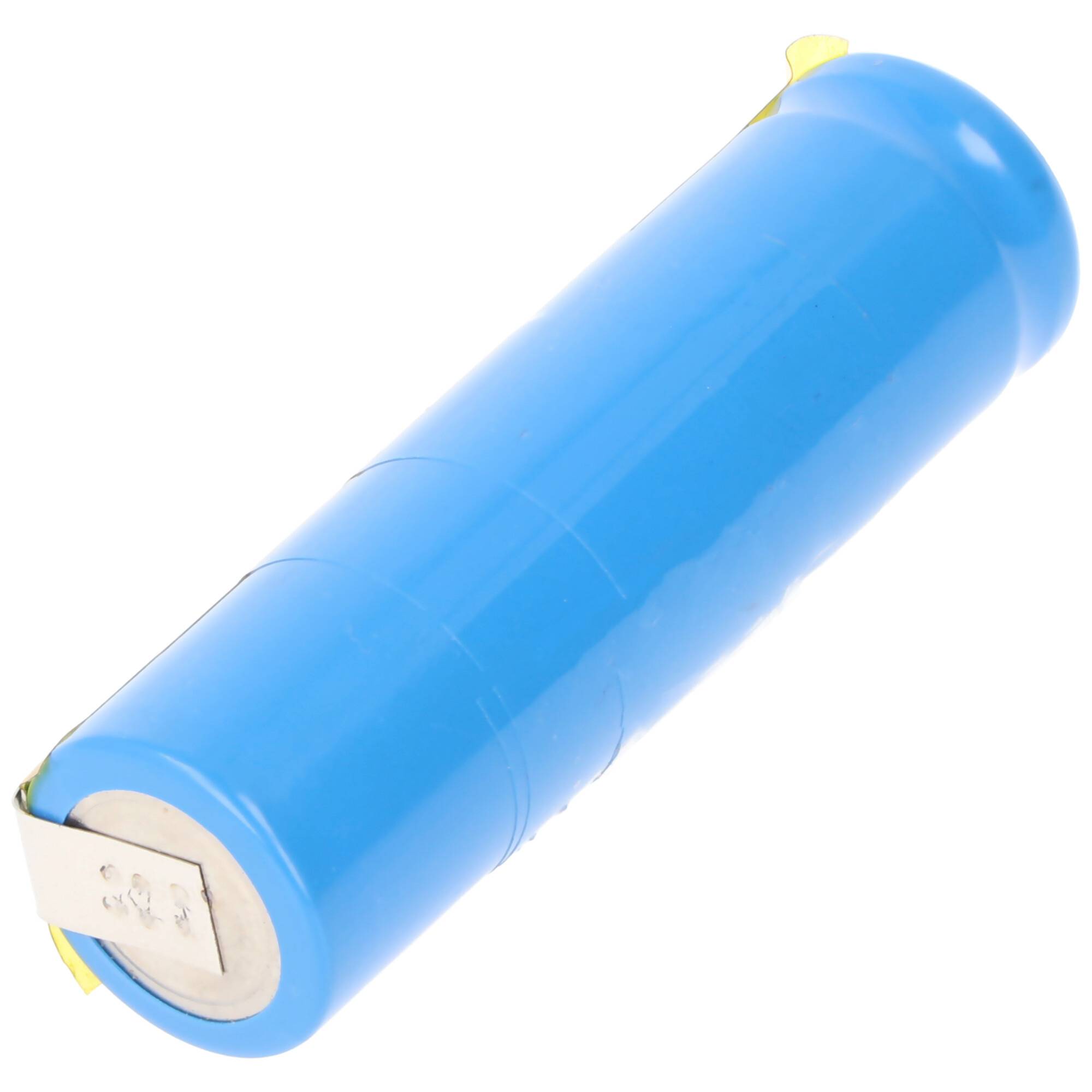 Blauer zylindrischer wiederaufladbarer Batteriezellenblock mit Metallkontakten, isoliert auf weißem Hintergrund dargestellt.
