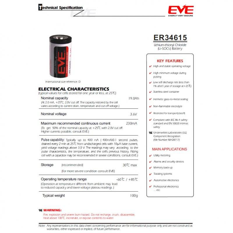 EVE ER34615 D S EVE Herst.Nr: ER34615DSEVE 3,6 Volt 19000mAh