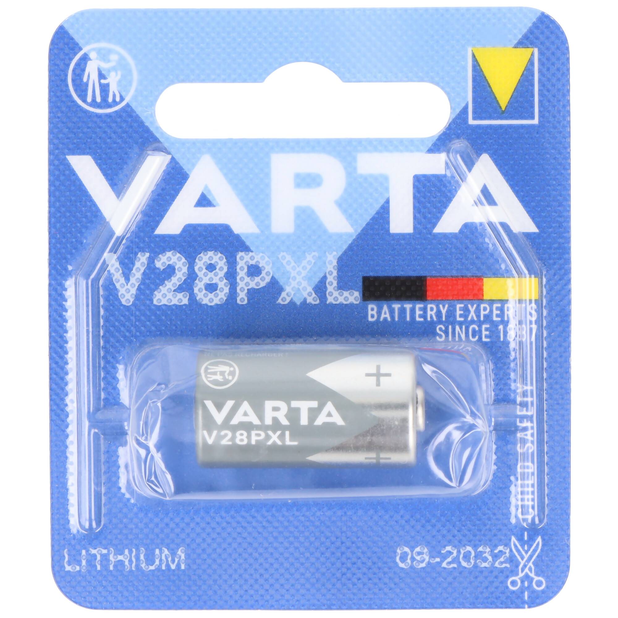VARTA V28PXL Lithium-Batterie in blauer Einzelhandelsverpackung mit Blister, auf dem Paket mit 