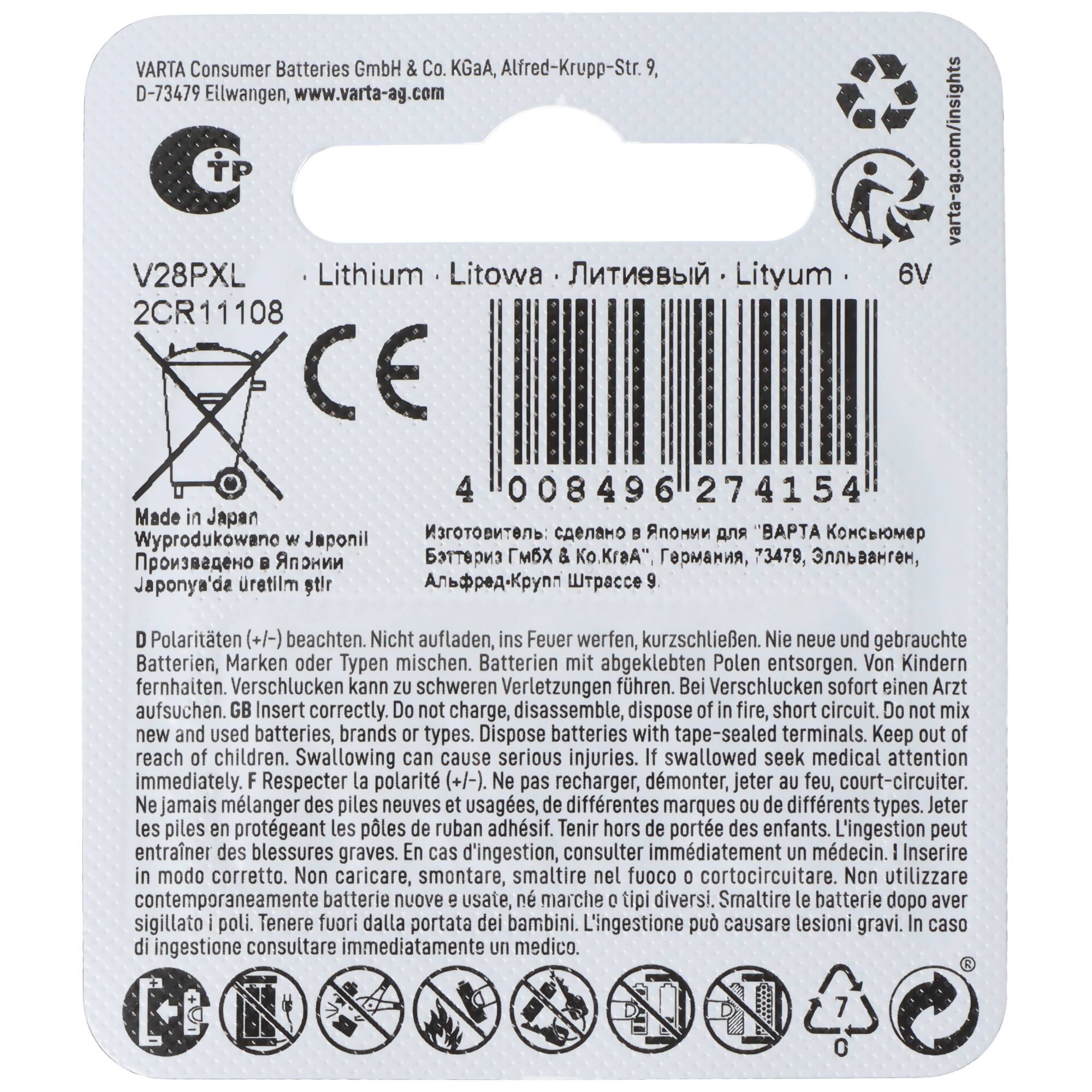 VARTA 6V Lithium-Batterie-Packung mit Barcode, mehrsprachigen Sicherheitswarnungen, Recycling-Symbolen und Text 