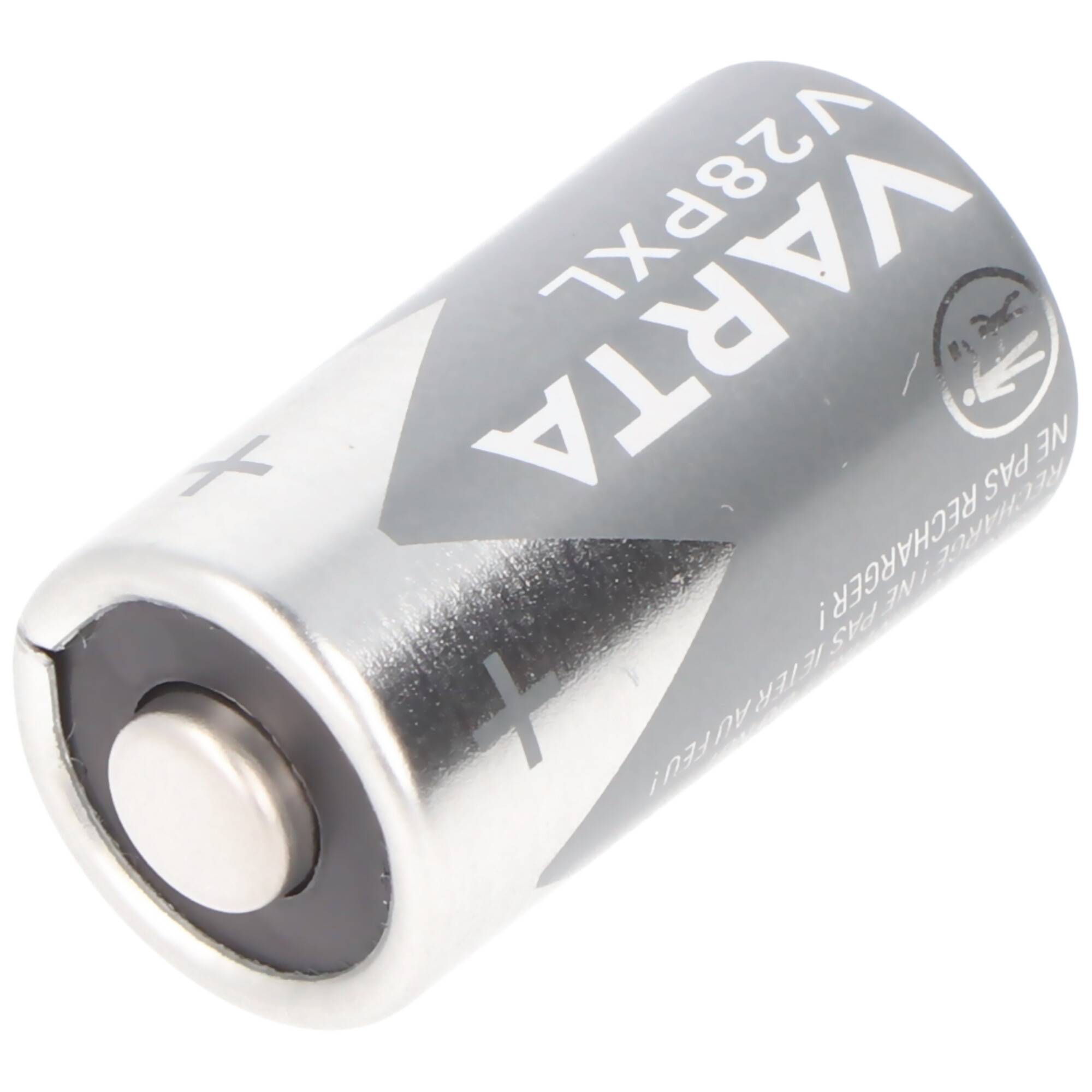 Nahaufnahme einer silbernen VARTA V28PXLR Batterie mit sichtbaren Plus- und Minuspolen auf weißem Hintergrund.