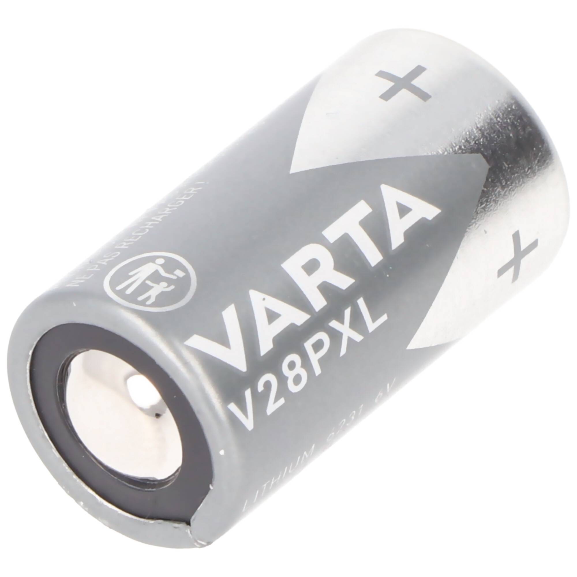 Eine VARTA V28PXL-Batterie, in Großaufnahme mit sichtbaren positiven und negativen Anschlüssen dargestellt.