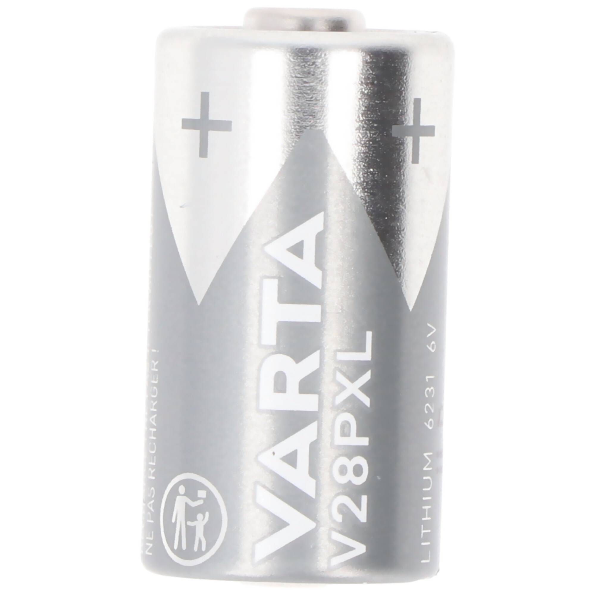 Nahaufnahme einer silbernen VARTA V28PXL Lithiumbatterie mit sichtbaren Plussymbolen und 6V-Beschriftung.