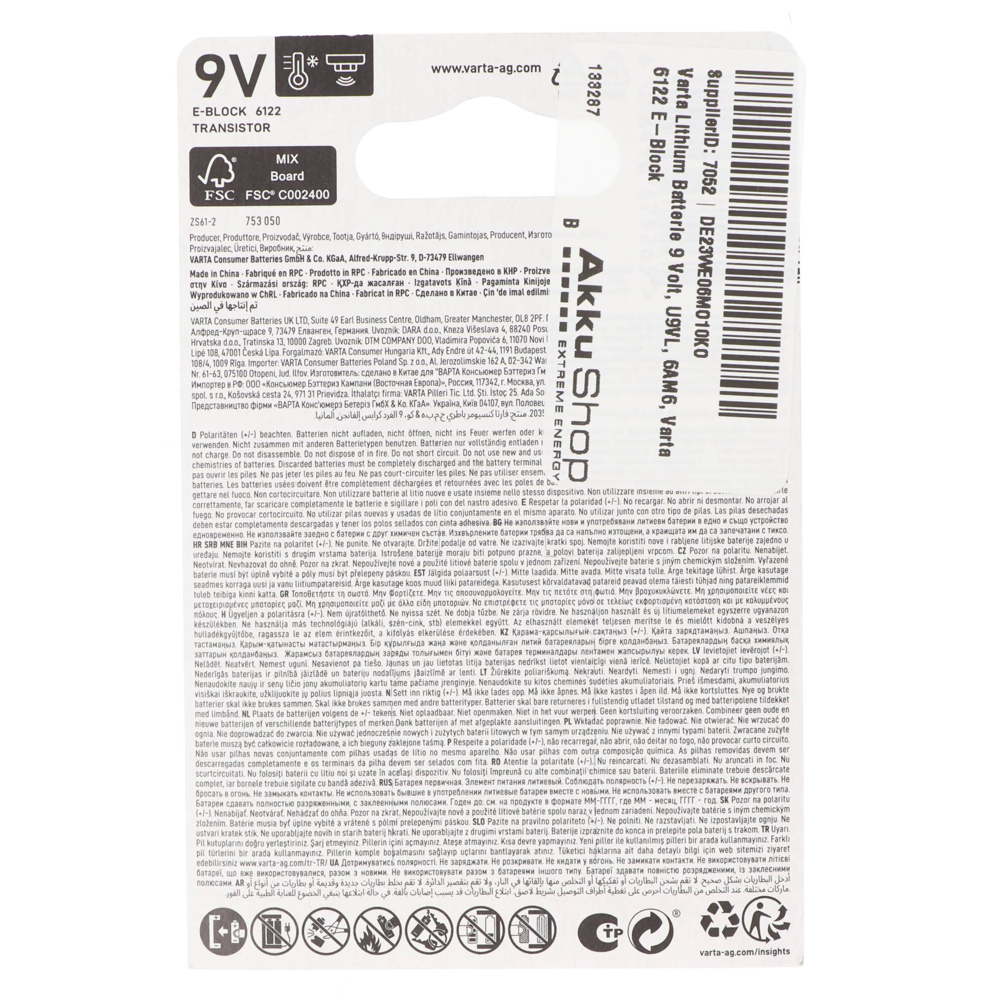 Varta Lithium Batterie 9 Volt, U9VL, 6AM6, Varta 6122 E-Block