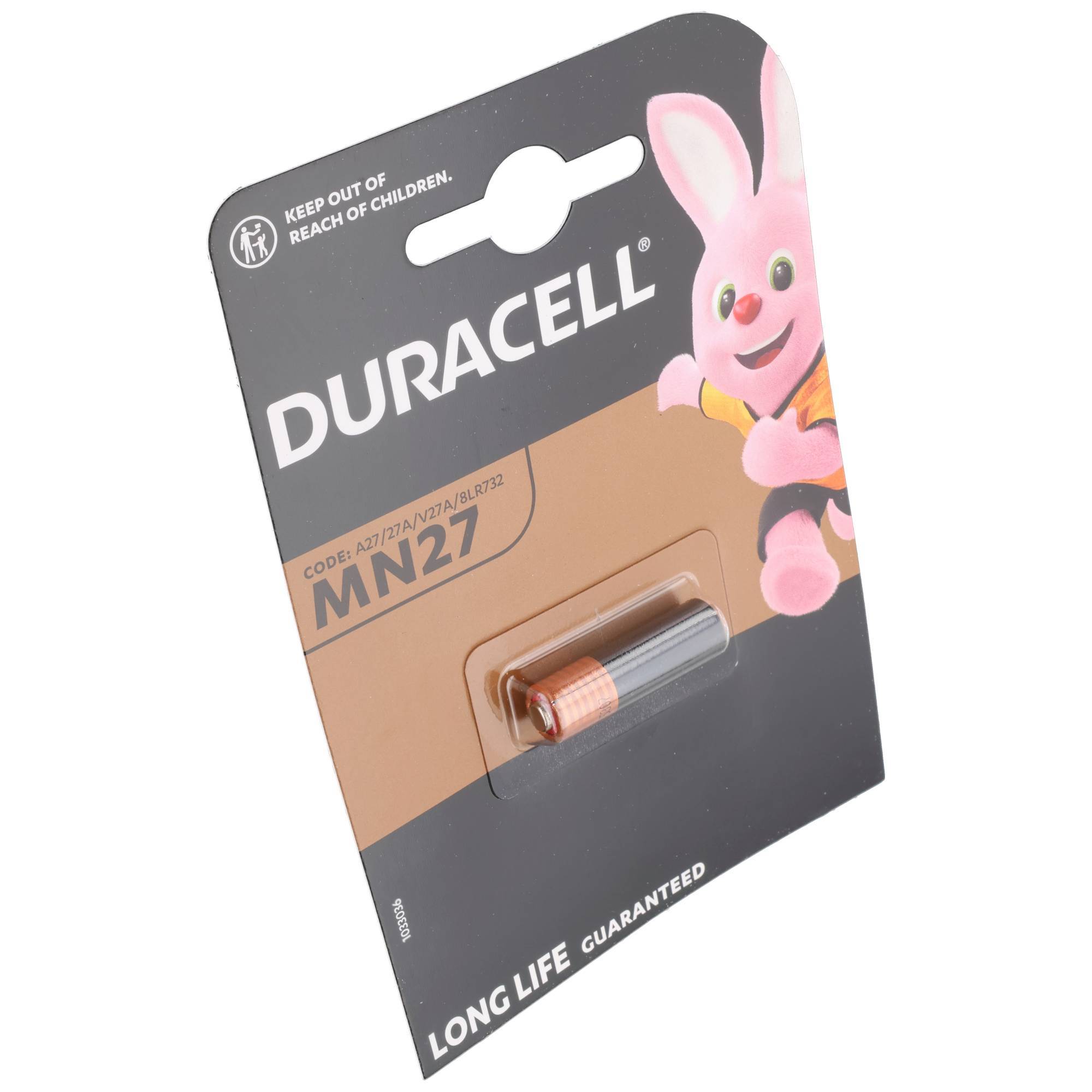 Duracell MN27-Batterieblisterpackung mit rosafarbenem Hasen-Maskottchen, gezeigt auf einer schwarz-beige Packung mit der Aufschrift „LANGE Lebensdauer garantiert