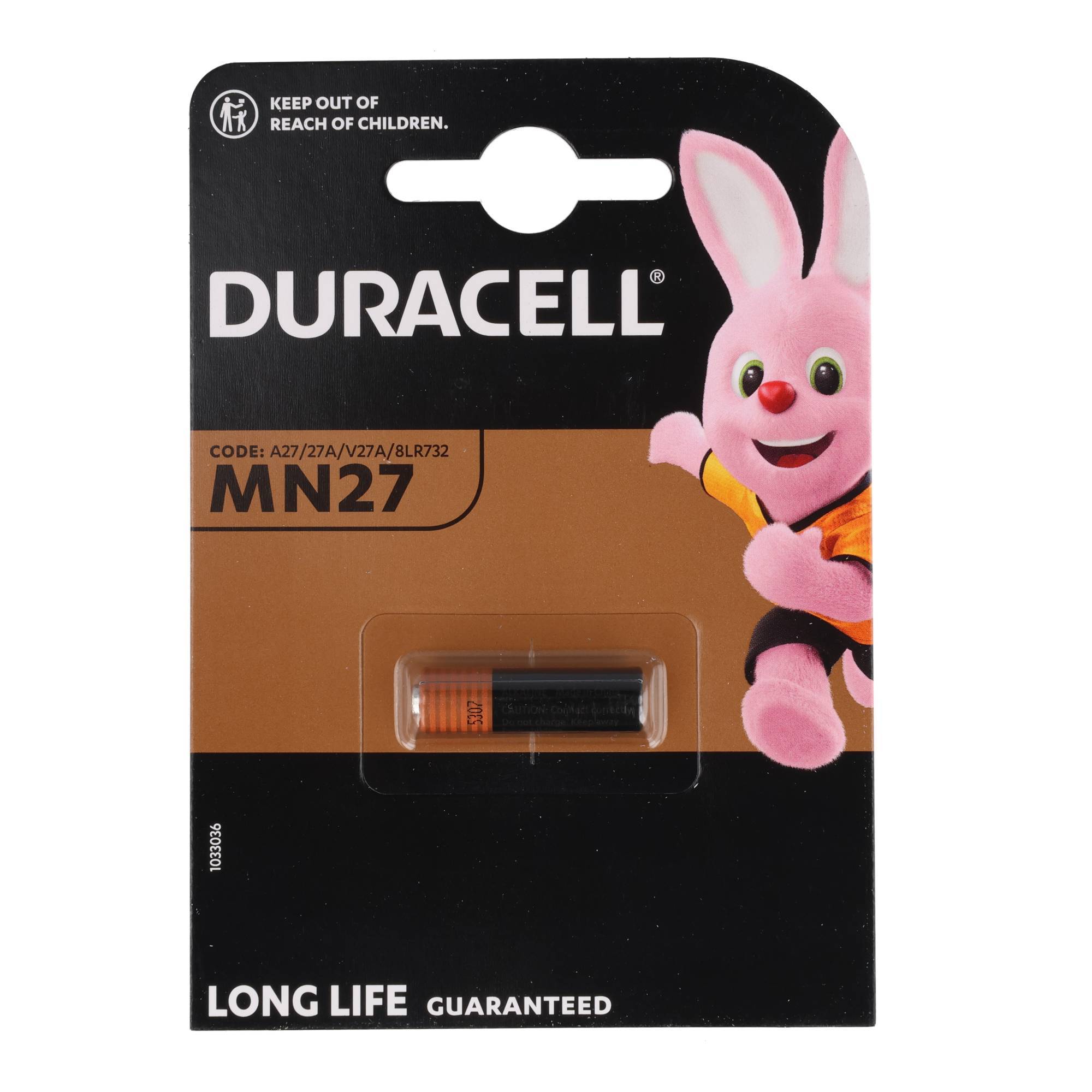 Duracell MN27 Langzeitbatterie-Packung mit rosa Hase als Maskottchen und sichtbarer Batterie im transparenten Kunststofffenster.