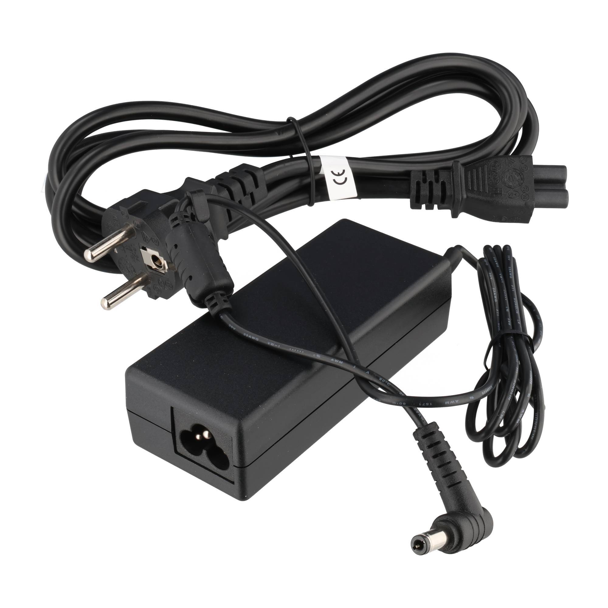 Schwarzer Stromadapter mit europäischem Stecker und Spiralkabeln, endend in einem abgewinkelten Hohlstecker für elektronische Geräte.