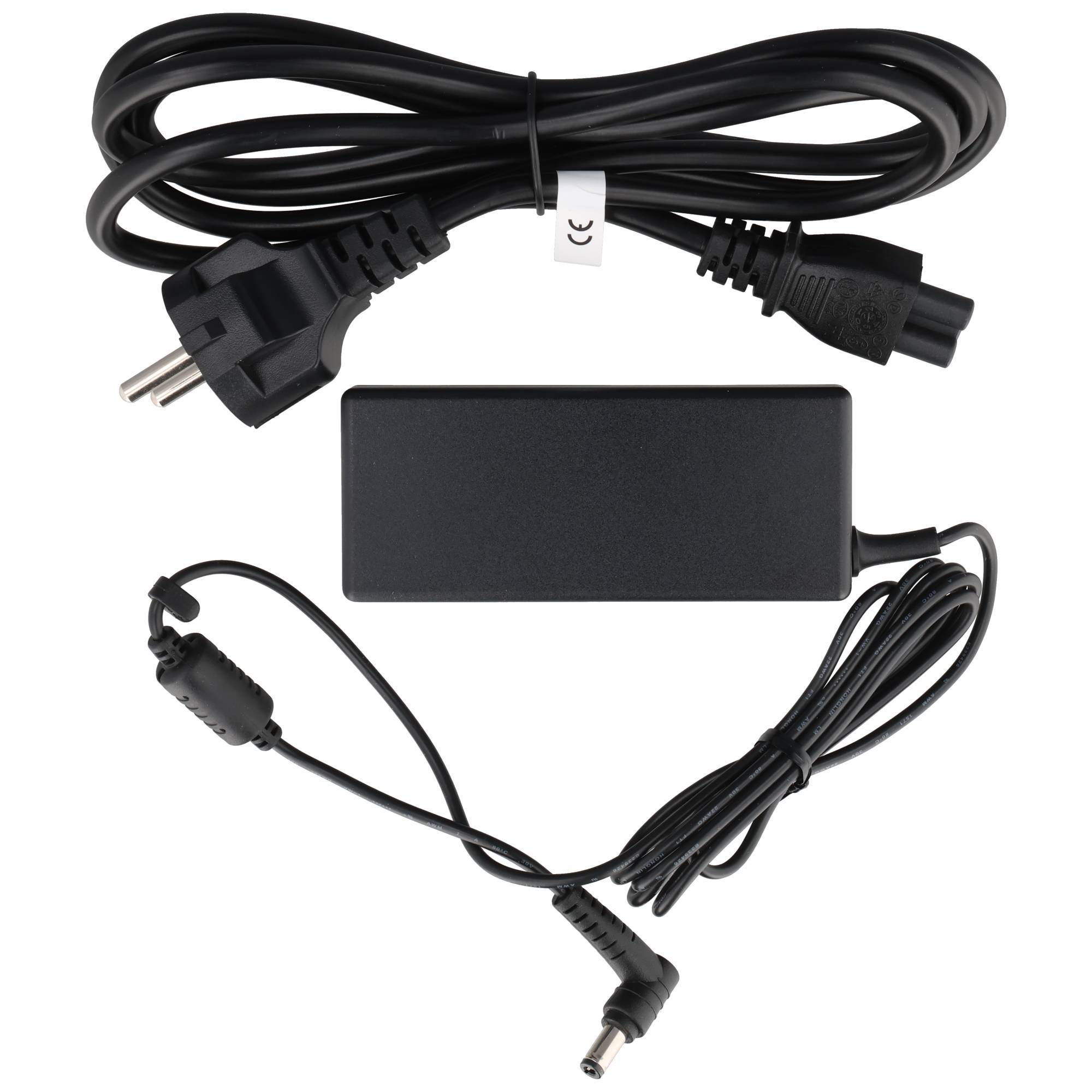 Schwarzer Stromadapter mit EU-Stecker, rechteckiges Ladegerät und zwei DC-Ausgangskabel auf weißem Hintergrund.