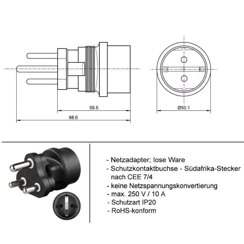 Reisestecker für den Südafrika Stecker, Schutzkontaktbuchse, auch passend für Namibia