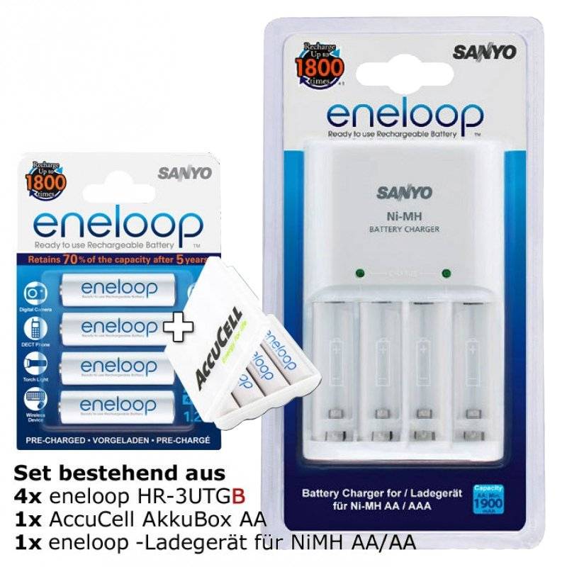 Produktpaket mit Sanyo eneloop wiederaufladbaren Batterien, einer AccuCell Batteriebox und einem Ni-MH AA/AAA-Ladegeräteset.