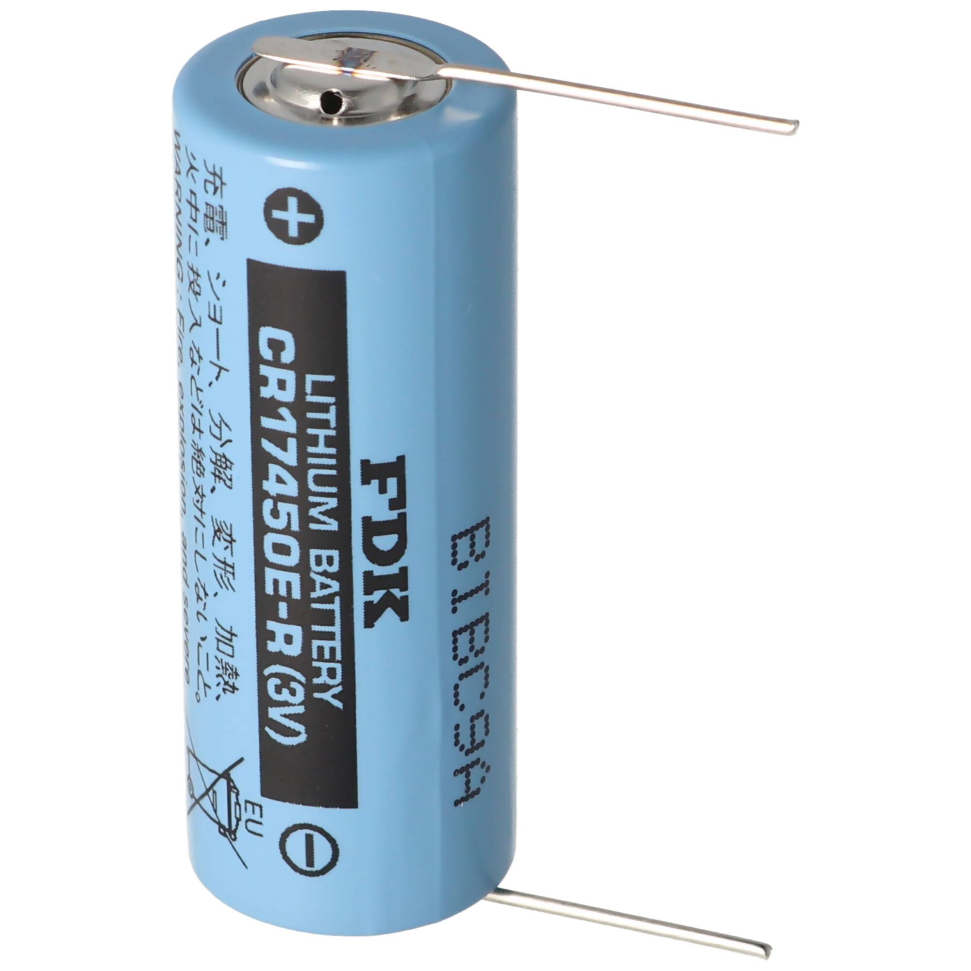 Blauer zylindrischer Lithiumbatterie mit der Bezeichnung „FDK CR17450E-R (3V)
