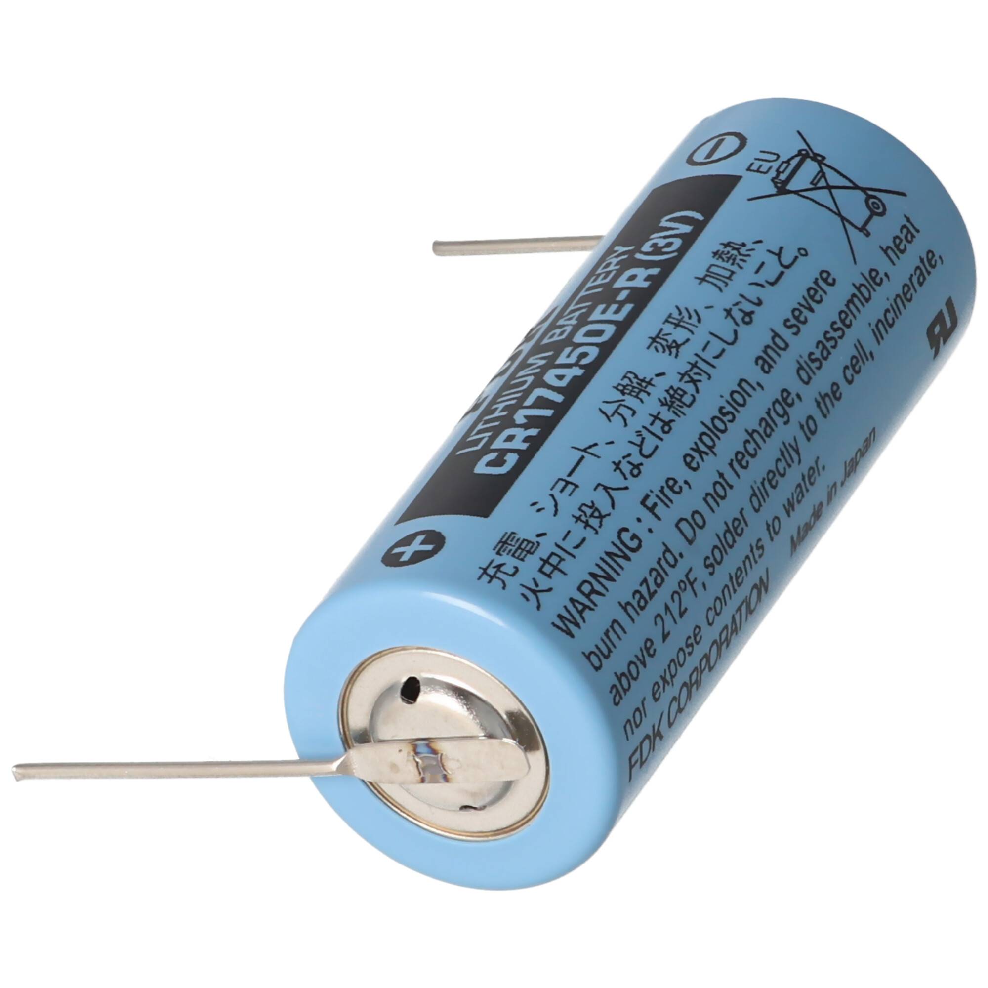 Blaue zylindrische Batteriezelle mit Metallklemmen und gedrucktem Warntext auf weißem Hintergrund.