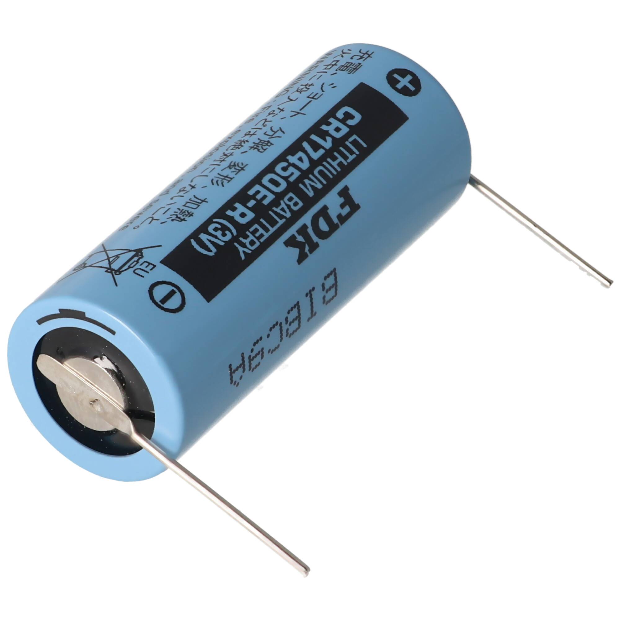 Blaue zylindrische Lithiumbatterie mit zwei Metallkontakten, beschriftet mit „LITHIUM BATTERY CR14505