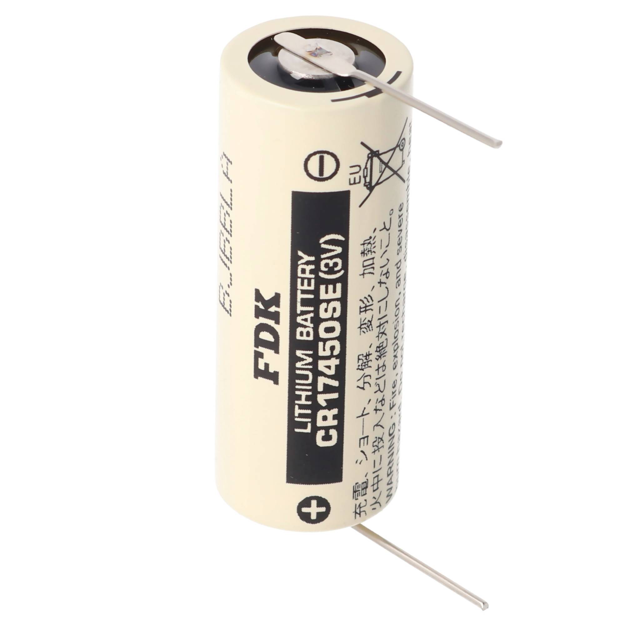 Lithium-Batterie mit der Bezeichnung 'FDK CR17450SE 3V' mit angebrachten Drahtleitern.