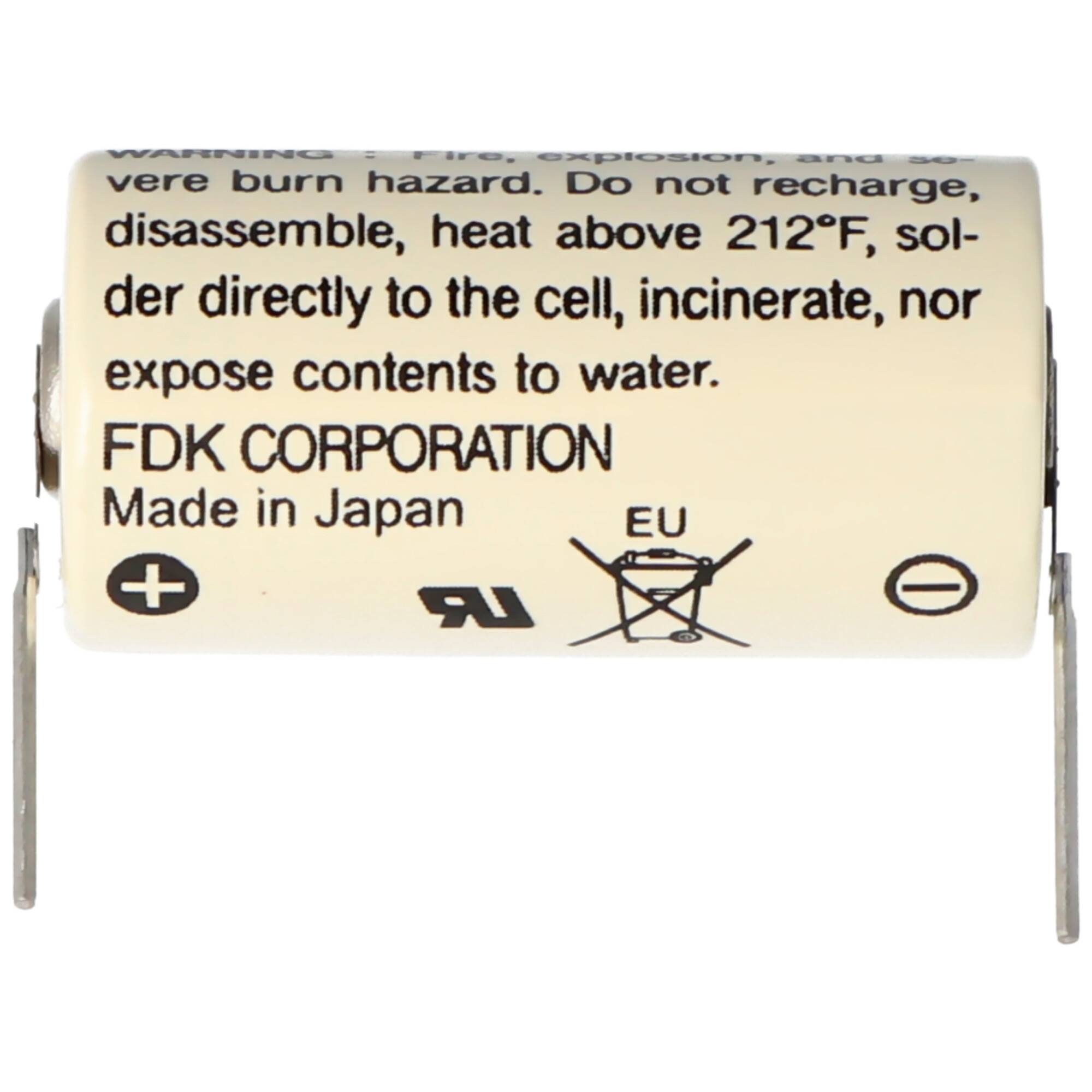 Weiße FDK Corporation-Batterie mit Warntext und Polaritätssymbolen, frontal vor einem schlichten Hintergrund gezeigt.