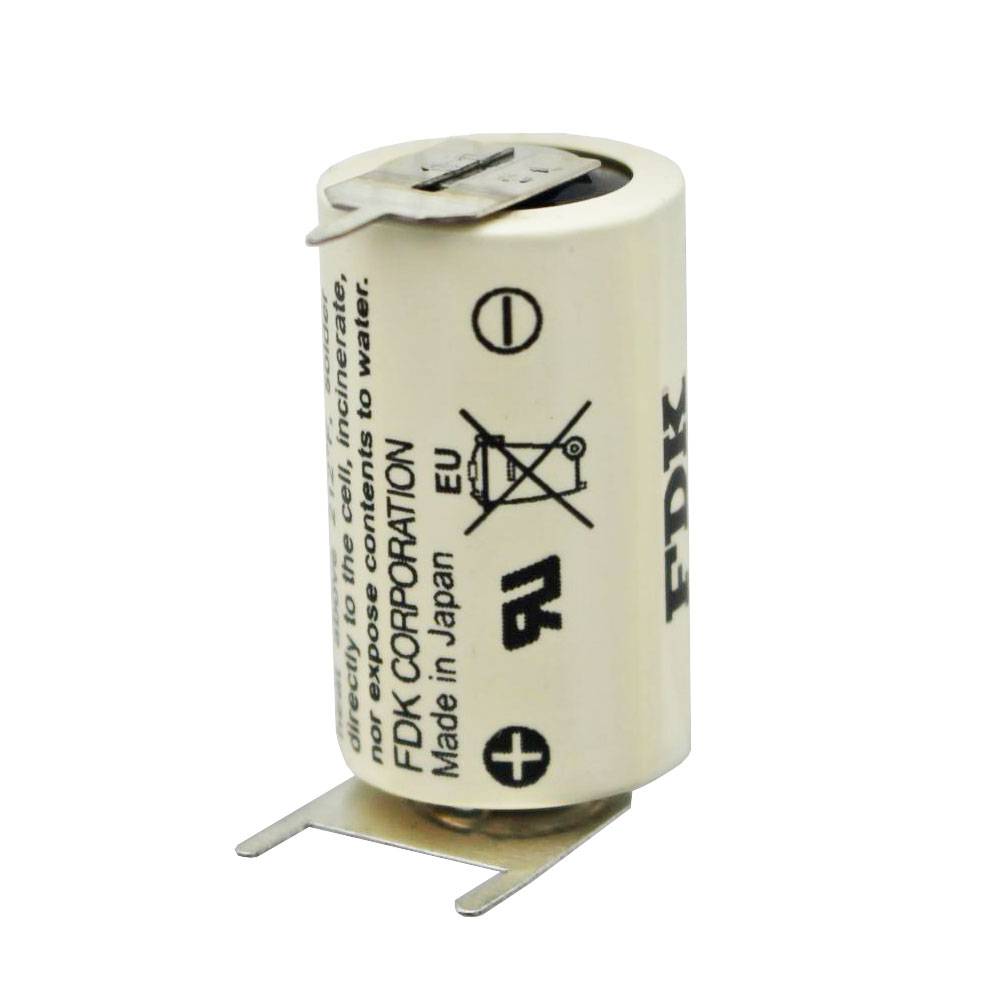 Kleiner zylindrischer elektronischer Kondensator mit Metallanschlüssen, beschriftet mit FDK CORPORATION und Sicherheitssymbolen, auf weißem Hintergrund dargestellt.
