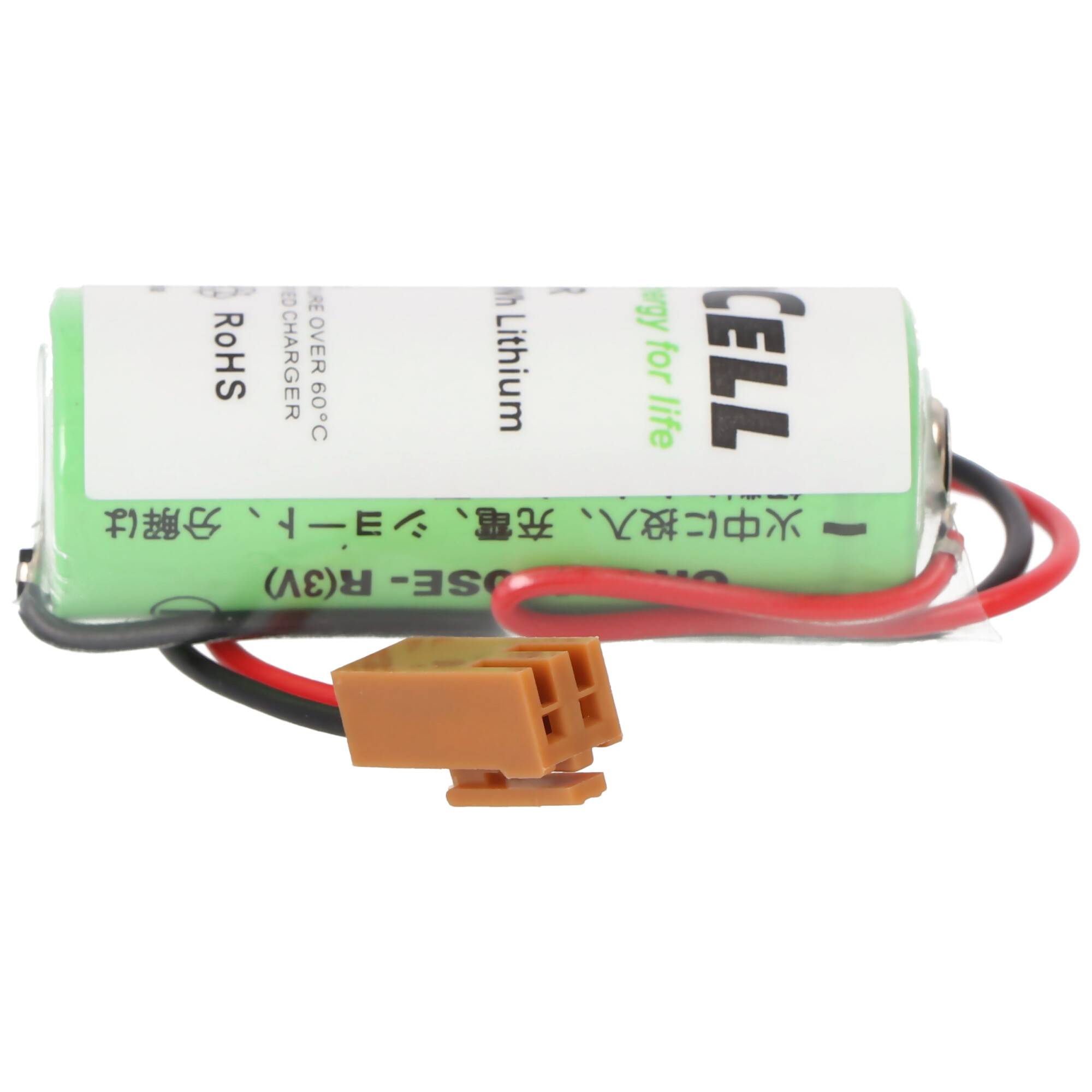 Grünes Lithium-Akkupack mit roten und schwarzen Kabeln und einem angebrachten braunen Stecker.