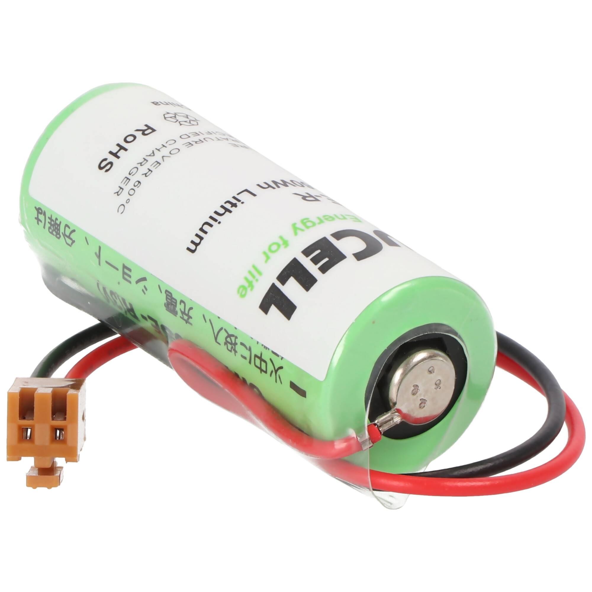 Grüne zylindrische wiederaufladbare Batterie mit angebrachten roten und schwarzen Drähten und einem kleinen Steckverbinder.