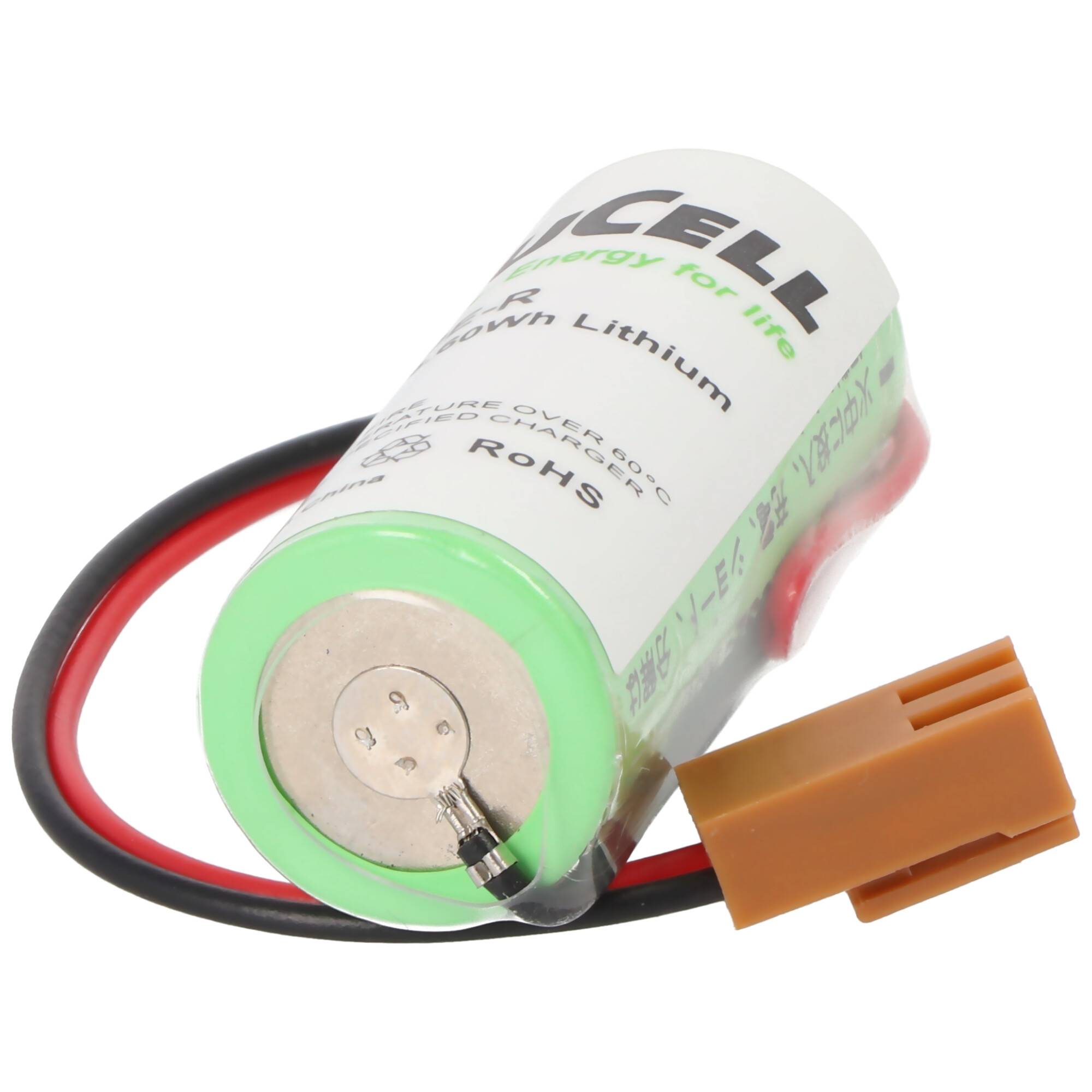 Lithium-Batteriepack mit angebrachten roten und schwarzen Drähten, die in einem braunen Steckverbinder enden.
