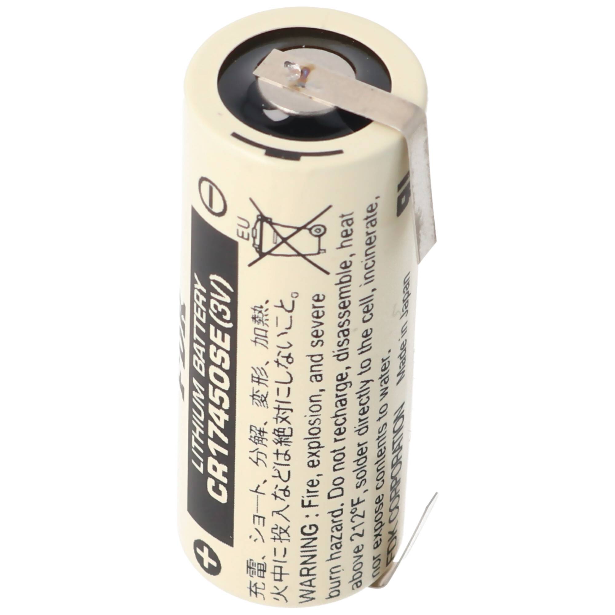 Zylindrische Lithium-Batteriezelle mit angebrachtem Metalltab und Warnschild, aufrecht auf weißem Hintergrund dargestellt.