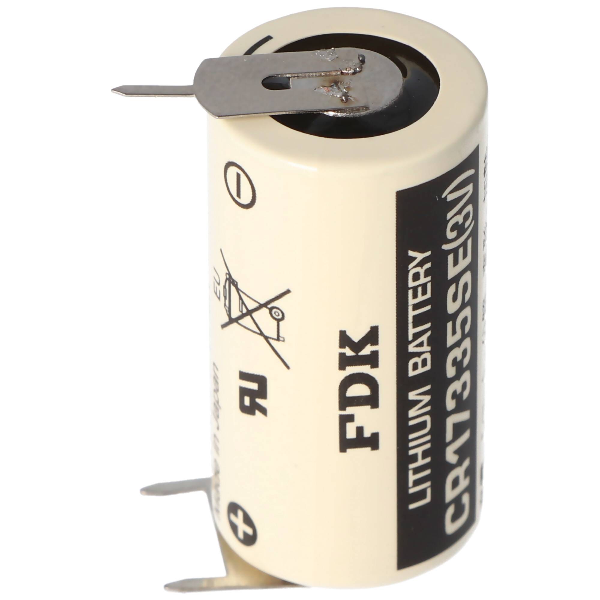 Lithium-Batterie mit zwei Metallklemmen und gedruckten Etiketten, isoliert auf weißem Hintergrund dargestellt.