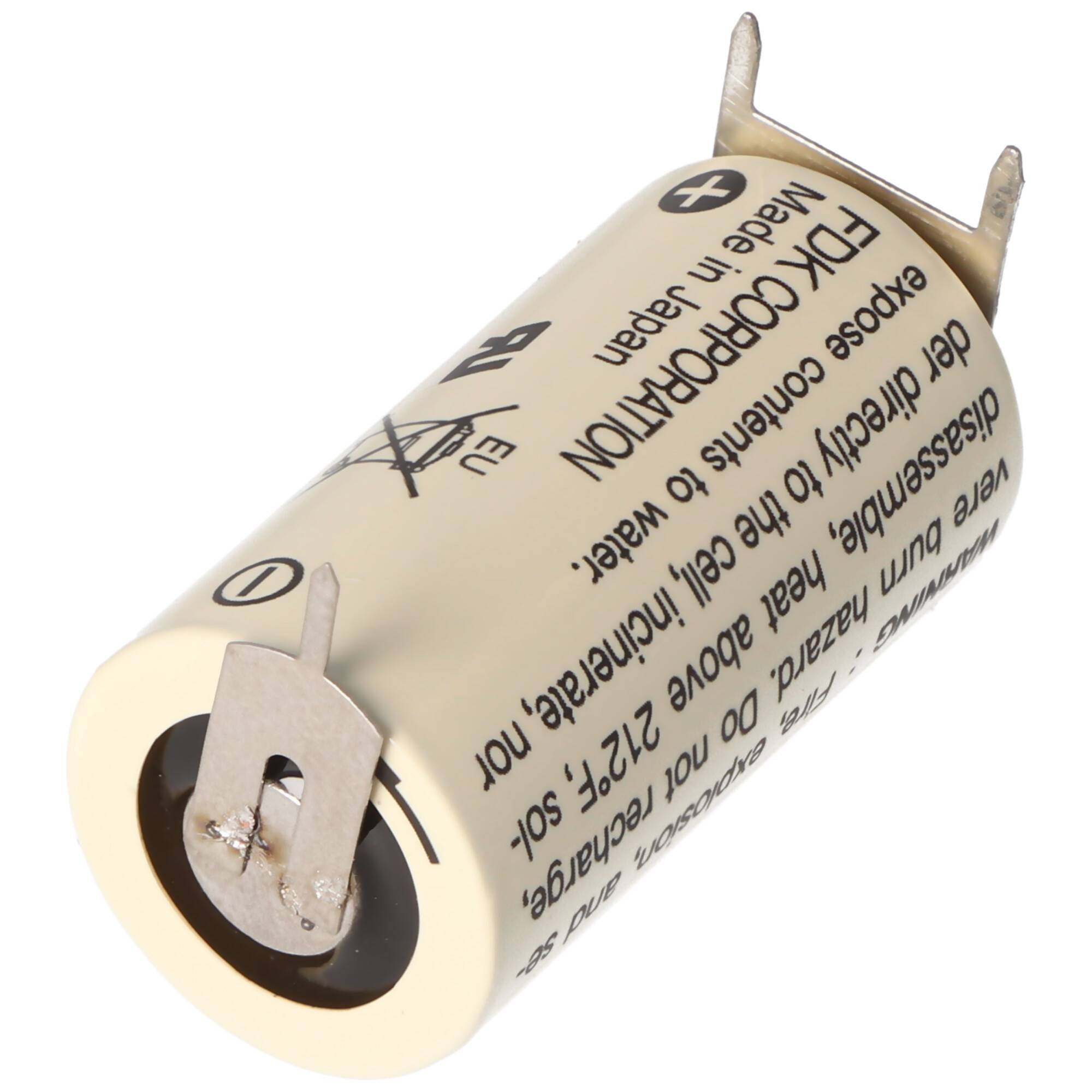 Zylindrische elektronische Komponente mit zwei Metallanschlüssen und aufgedrucktem Warntext, dargestellt auf weißem Hintergrund.