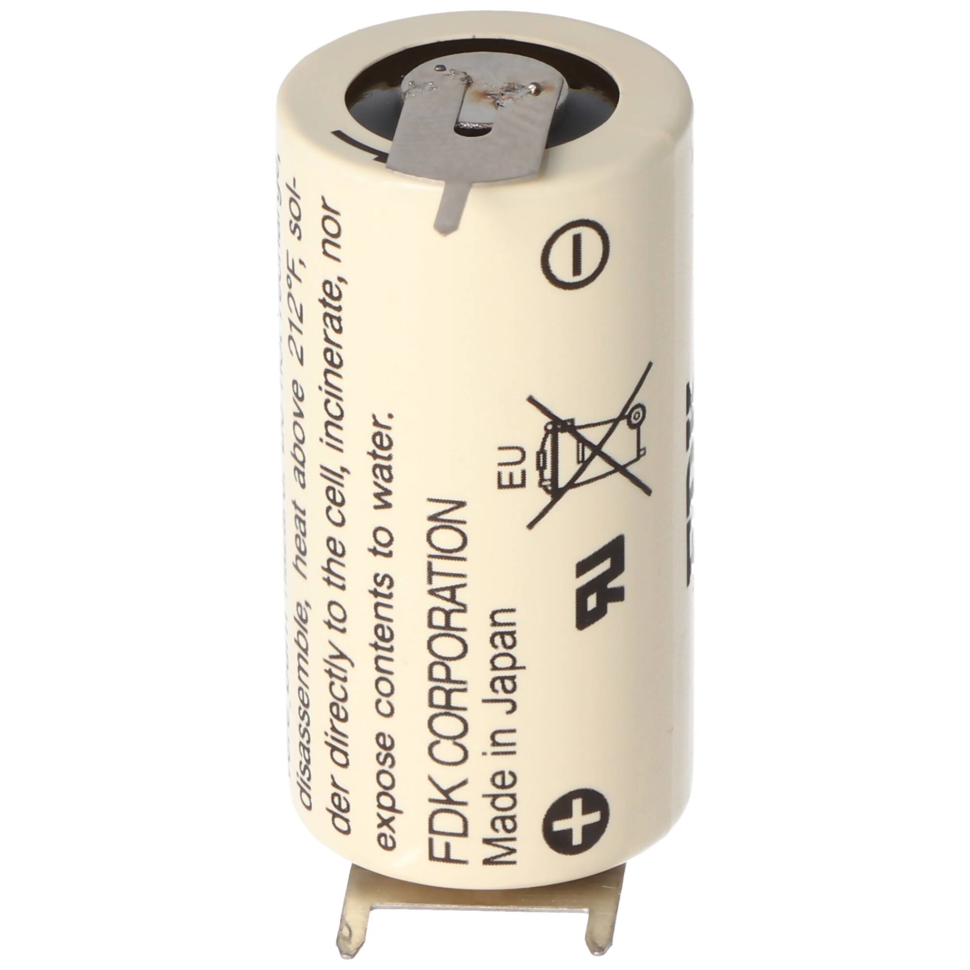 Zylindrischer elektronischer Kondensator mit Metallklemmen und gedrucktem Warntext, isoliert auf weißem Hintergrund dargestellt.