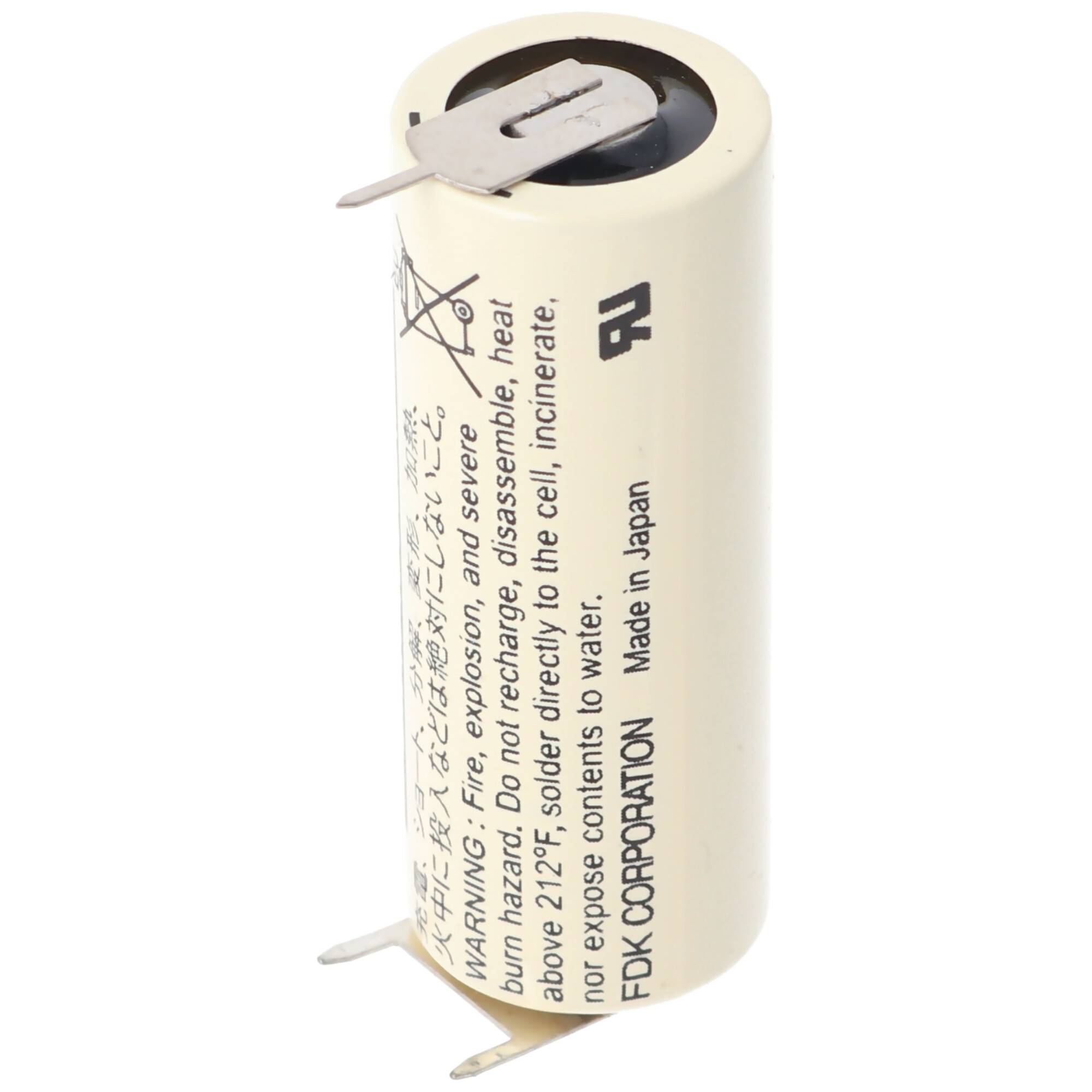 Nahaufnahme einer zylindrischen wiederaufladbaren Batteriezelle mit Metallfahnen, gekennzeichnet mit Sicherheitswarnungen und „Made in Japan